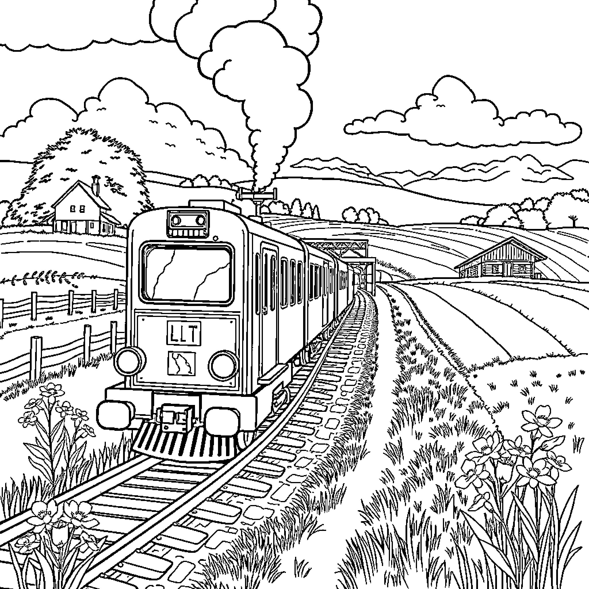 Train traveling through picturesque countryside landscape Coloring Page (free black-and-white line drawing printable PDF for all, from beginners to advanced learners, including children, teens, adults, and seniors)