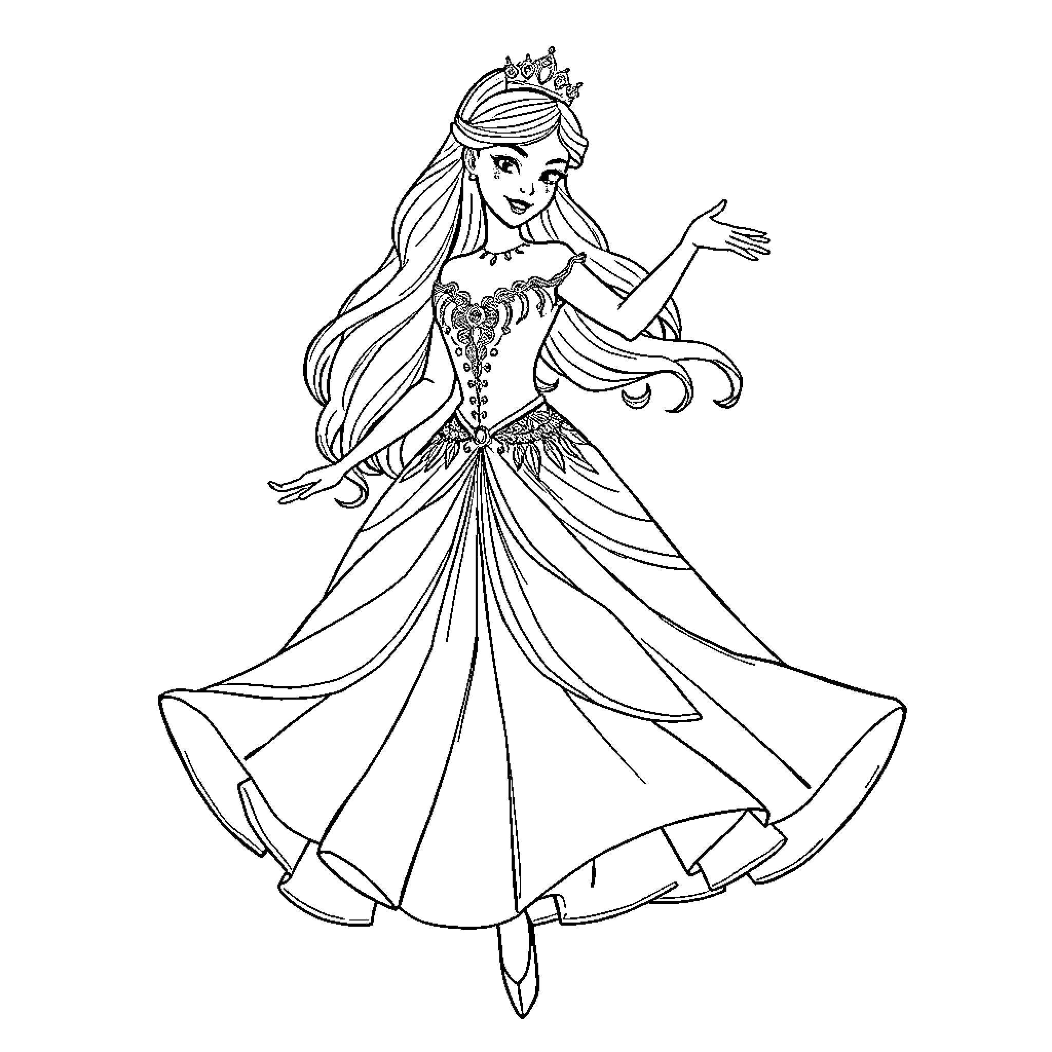 Princess Gracefully Posing in Elegant Gown Coloring Page (free black-and-white line drawing printable PDF for all, from beginners to advanced learners, including children, teens, adults, and seniors)