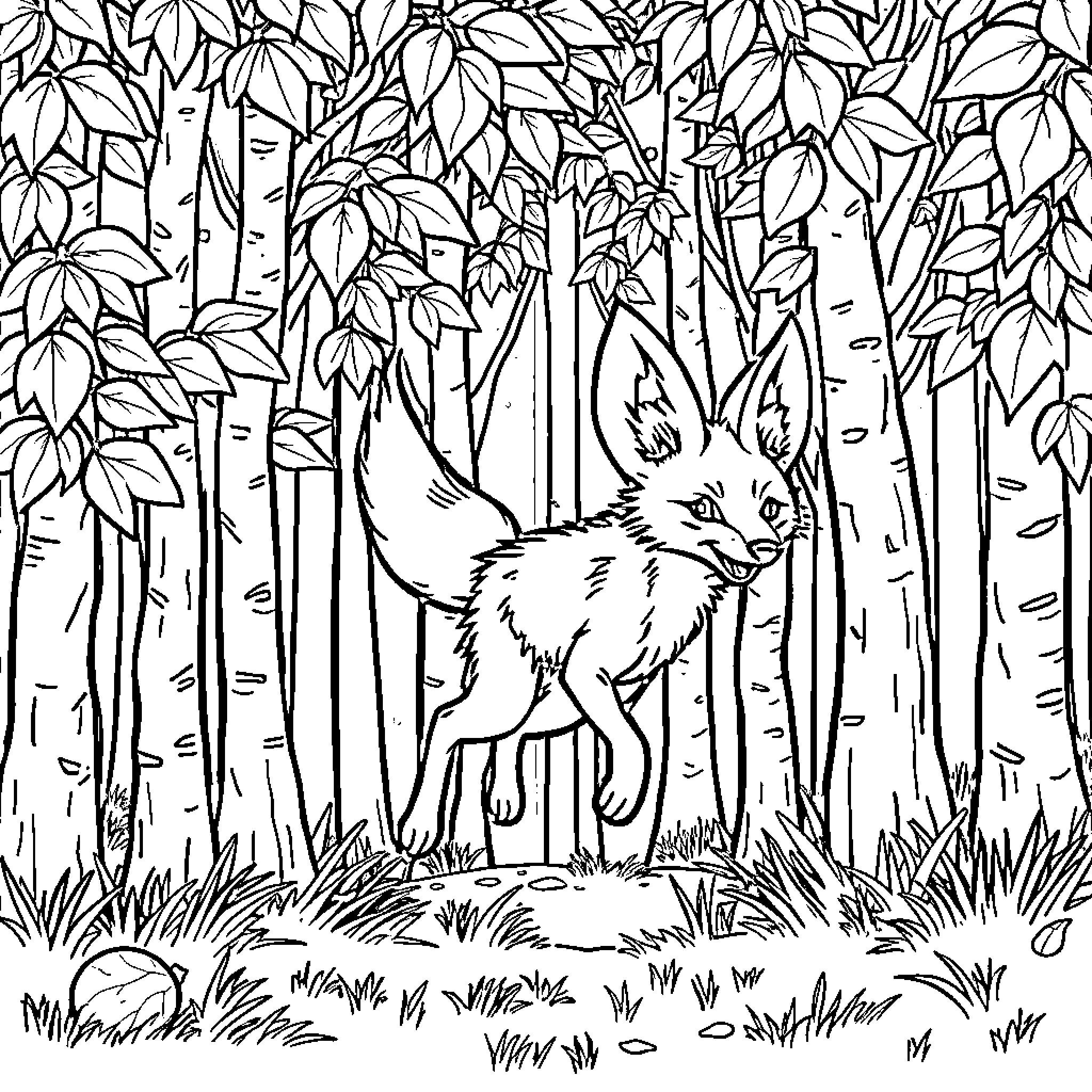 Fennec Fox cautiously exploring the forest Coloring Page (free black-and-white line drawing printable PDF for all, from beginners to advanced learners, including children, teens, adults, and seniors)
