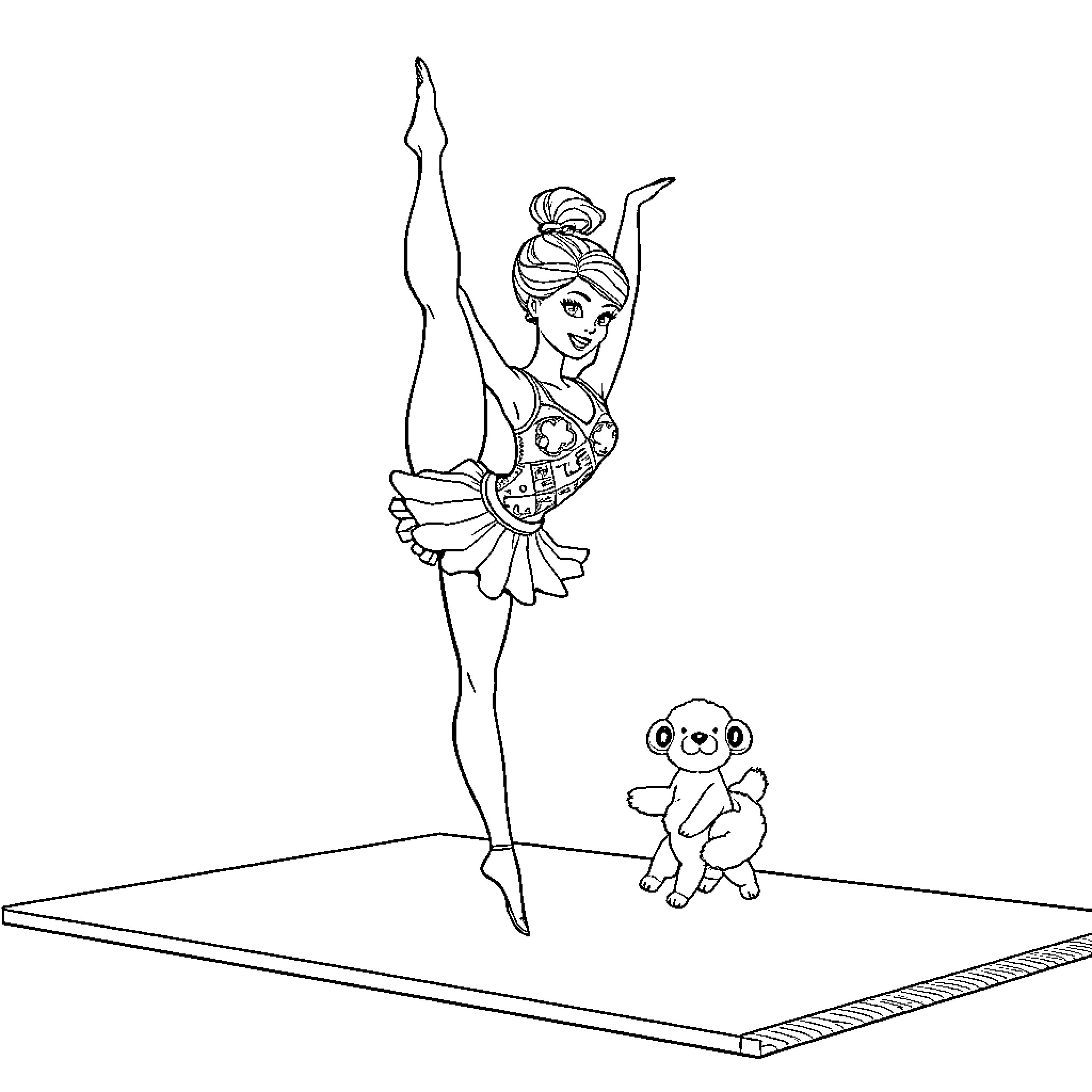 Barbie ballerina dancing gracefully on stage Coloring Page (free black-and-white line drawing printable PDF for all, from beginners to advanced learners, including children, teens, adults, and seniors)