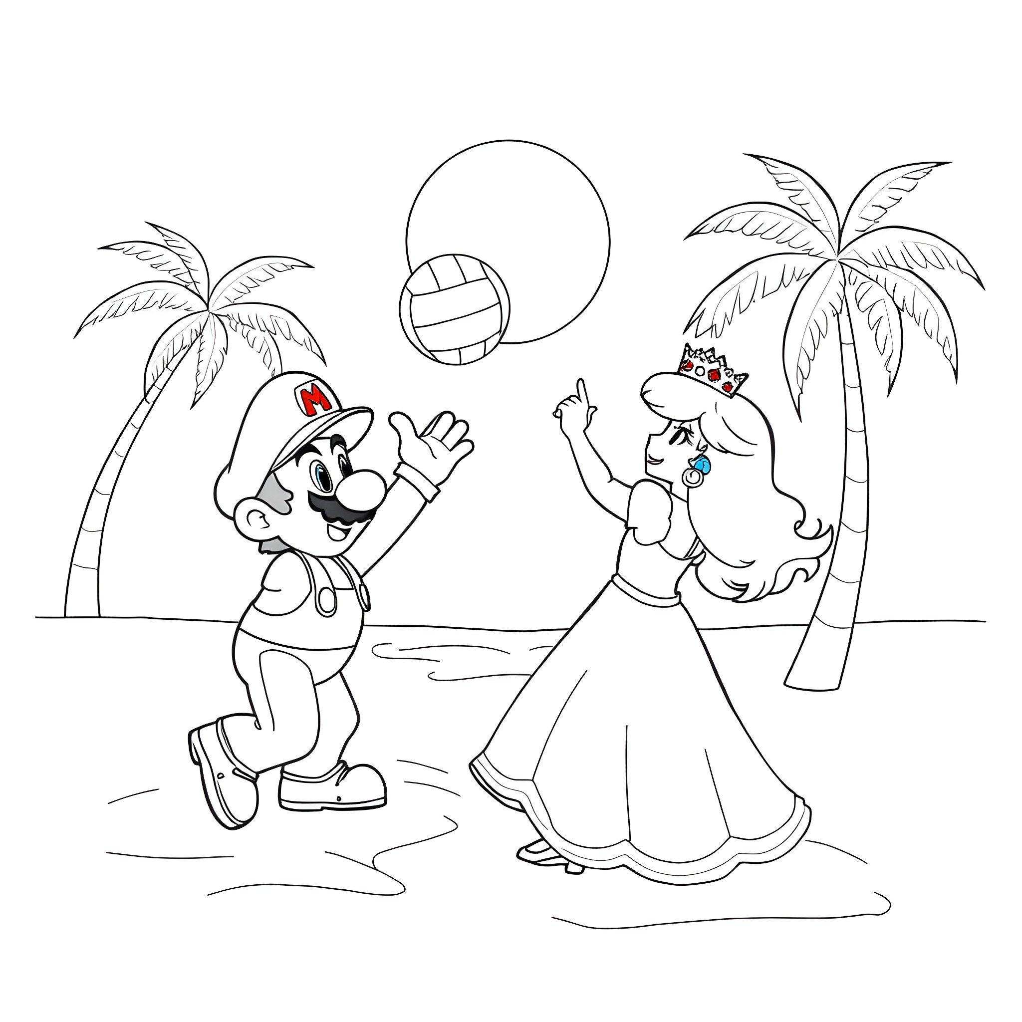 Mario and the Beach Volleyball Game Coloring Page (free black-and-white line drawing printable PDF for all, from beginners to advanced learners, including children, teens, adults, and seniors)