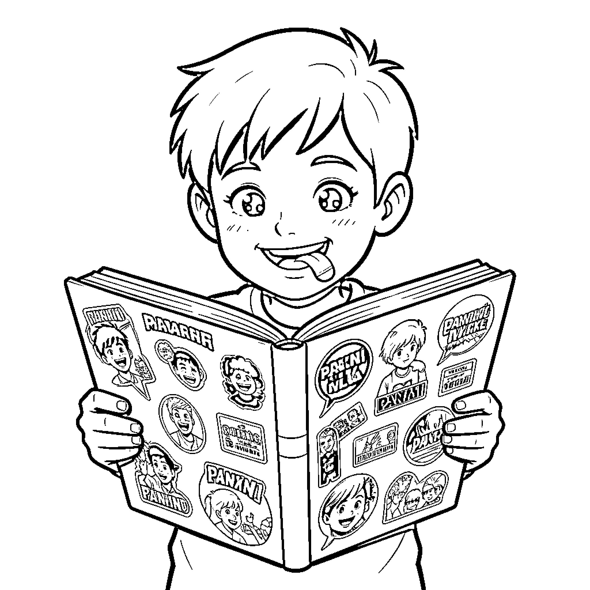 Sticker of a happy boy reading a book Coloring Page (free black-and-white line drawing printable PDF for all, from beginners to advanced learners, including children, teens, adults, and seniors)