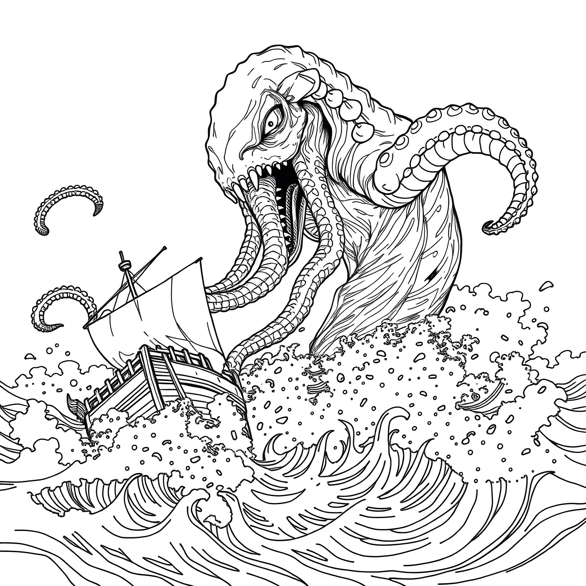 Kraken's Destructive Encounter with a Shipwreck Coloring Page (free black-and-white line drawing printable PDF for all, from beginners to advanced learners, including children, teens, adults, and seniors)