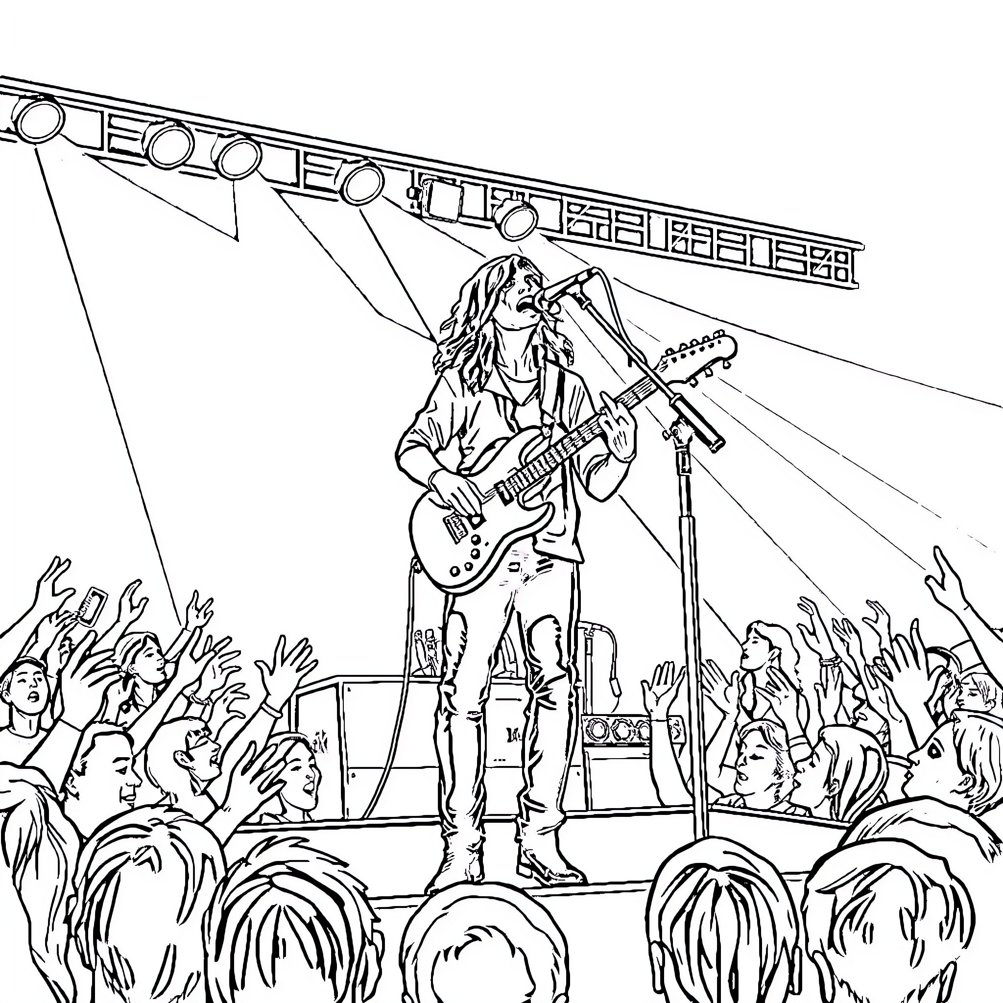 Kurt Vile captivates the crowd with electric guitar performance Coloring Page (free black-and-white line drawing printable PDF for all, from beginners to advanced learners, including children, teens, adults, and seniors)