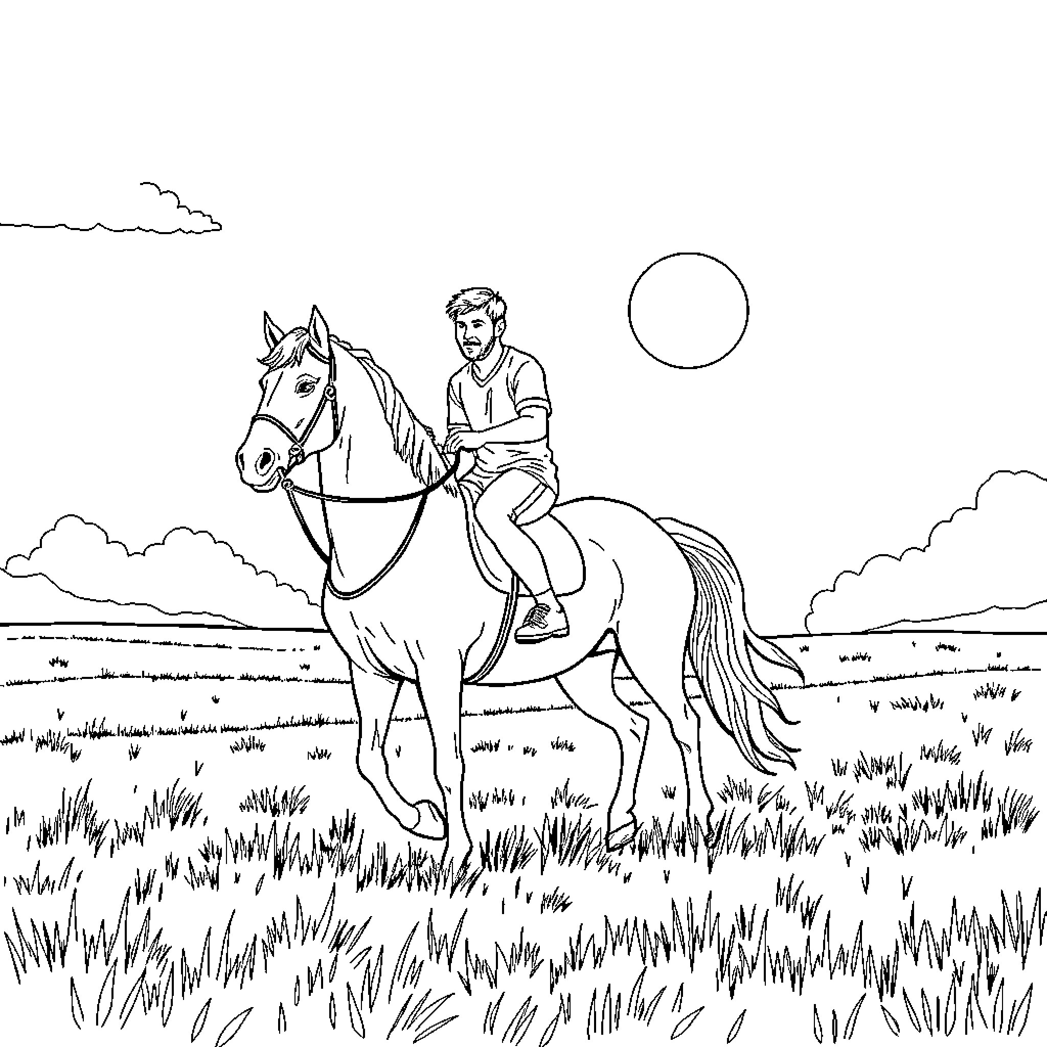 Messi riding a horse in a serene countryside landscape Coloring Page (free black-and-white line drawing printable PDF for all, from beginners to advanced learners, including children, teens, adults, and seniors)