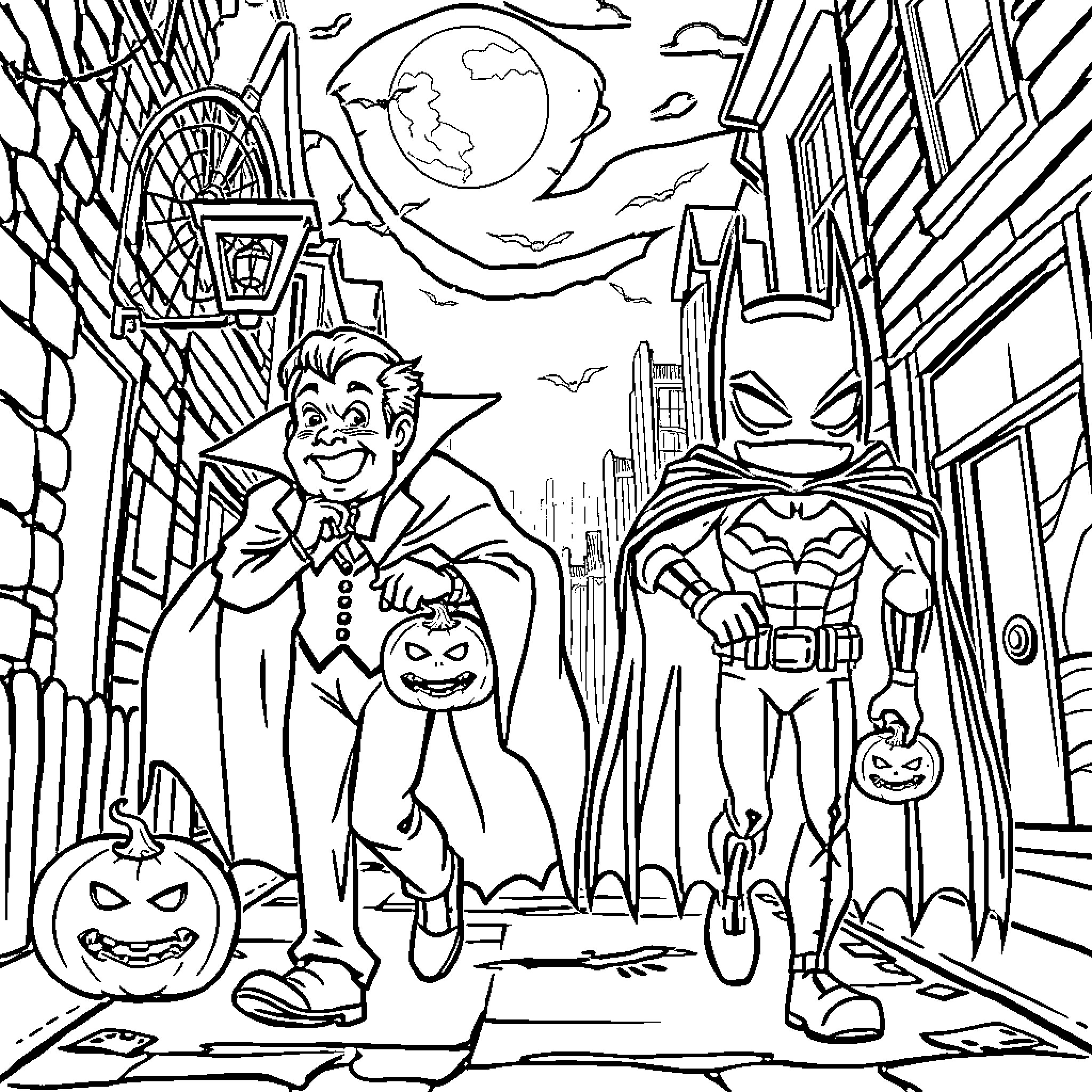 Dracula and Batman in a Halloween-themed city Coloring Page (free black-and-white line drawing printable PDF for all, from beginners to advanced learners, including children, teens, adults, and seniors)