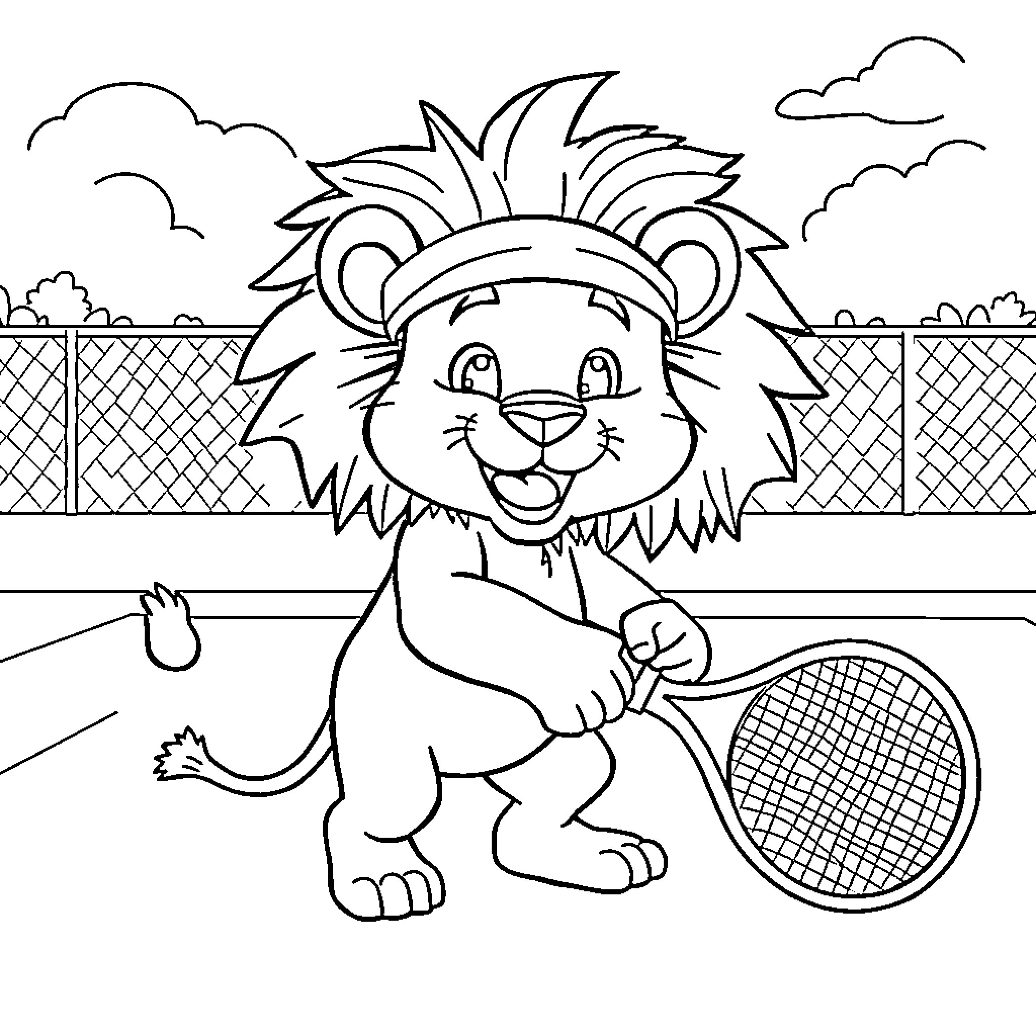 Lion playing with tennis racket on the court Coloring Page (free black-and-white line drawing printable PDF for all, from beginners to advanced learners, including children, teens, adults, and seniors)