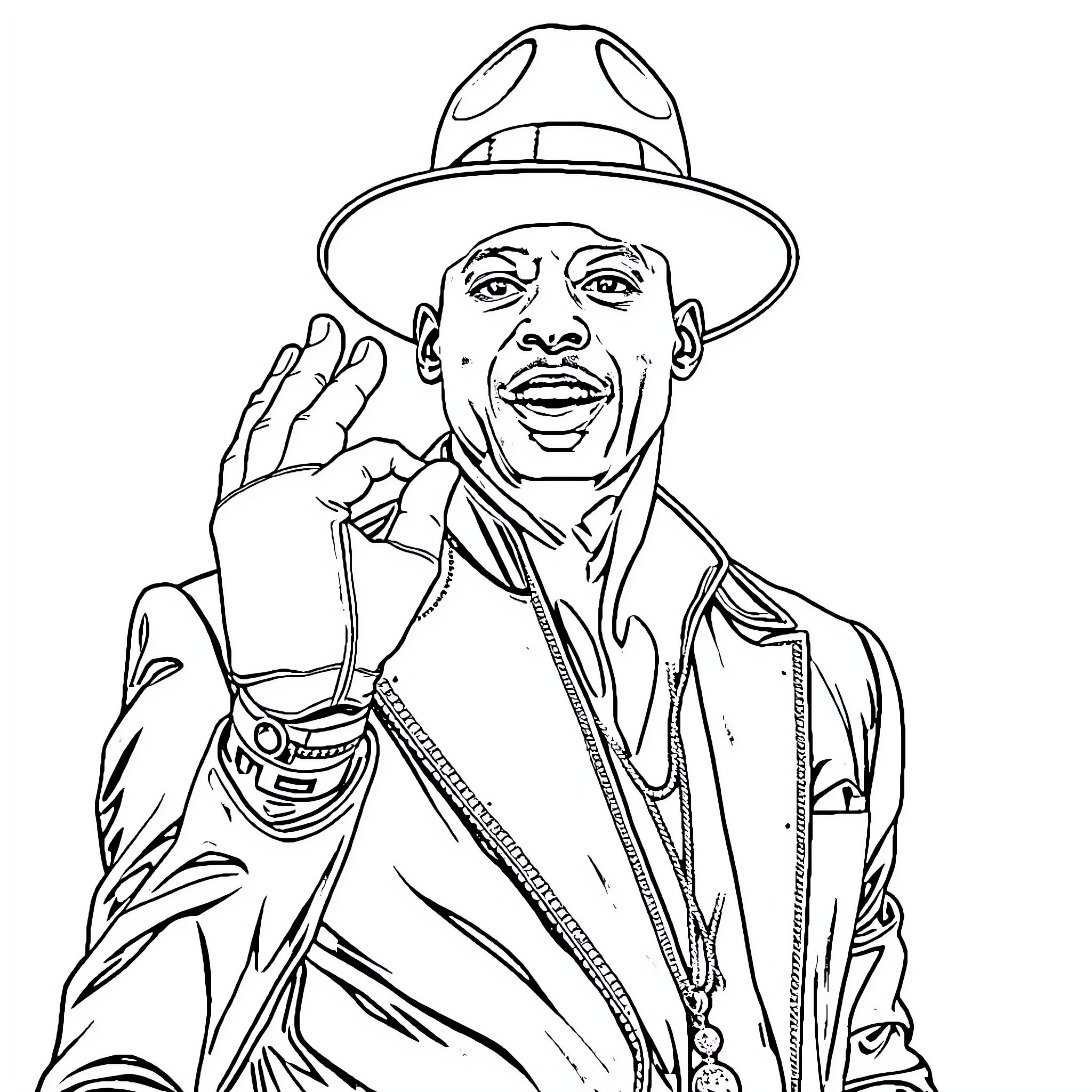Michael Jordan Waving in Sports Attire Coloring Page (free black-and-white line drawing printable PDF for all, from beginners to advanced learners, including children, teens, adults, and seniors)
