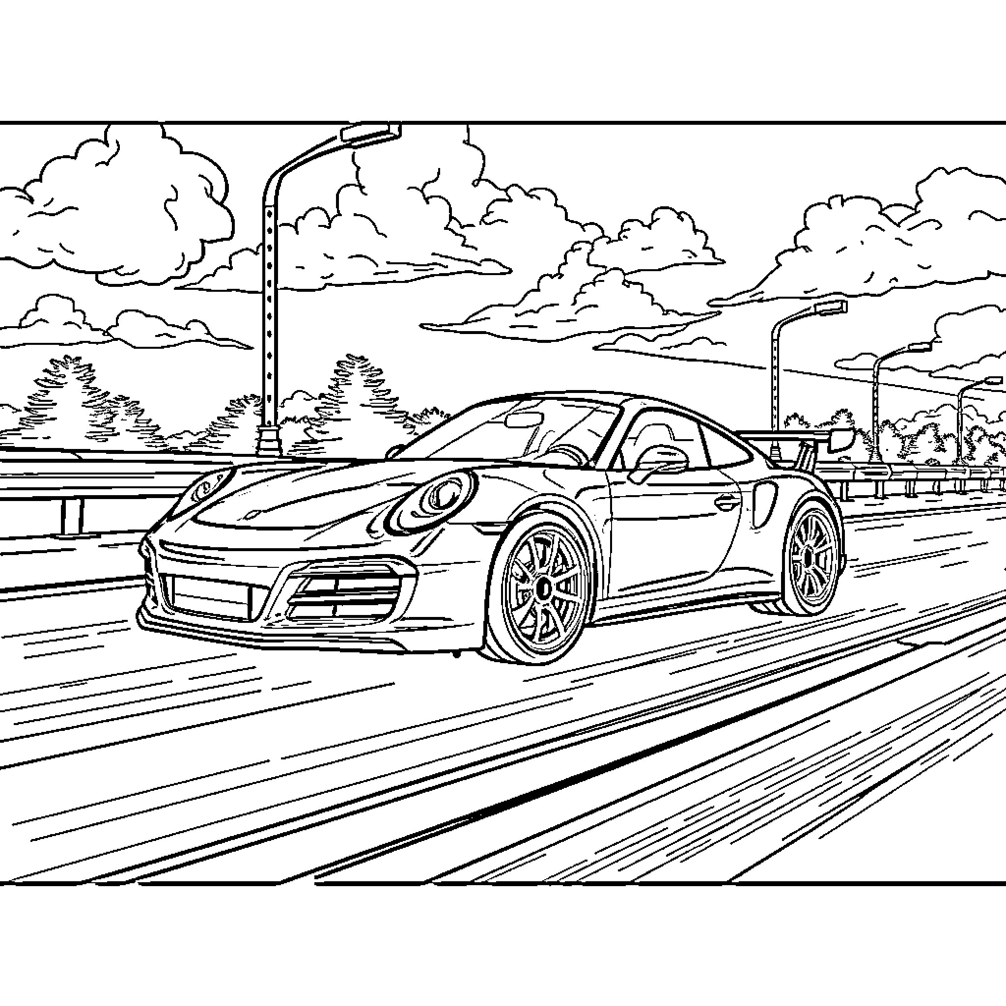 911 Sports Car Racing on the Highway Coloring Page (free black-and-white line drawing printable PDF for all, from beginners to advanced learners, including children, teens, adults, and seniors)