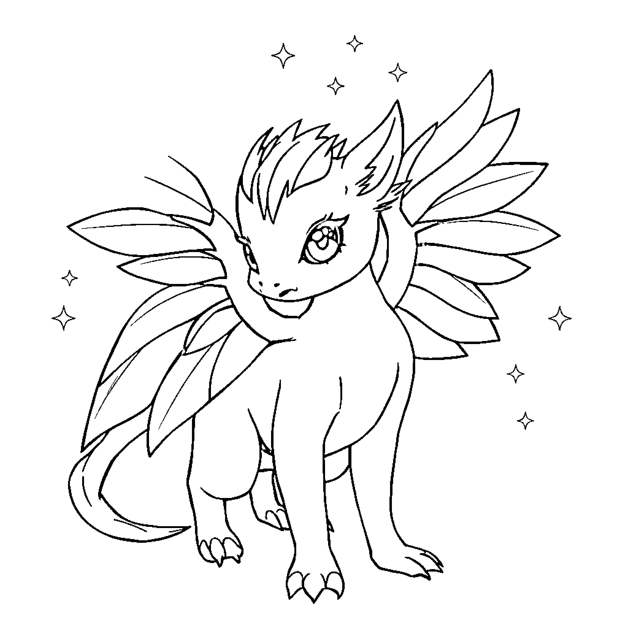 Creature with majestic wings in a starry night Coloring Page (free black-and-white line drawing printable PDF for all, from beginners to advanced learners, including children, teens, adults, and seniors)