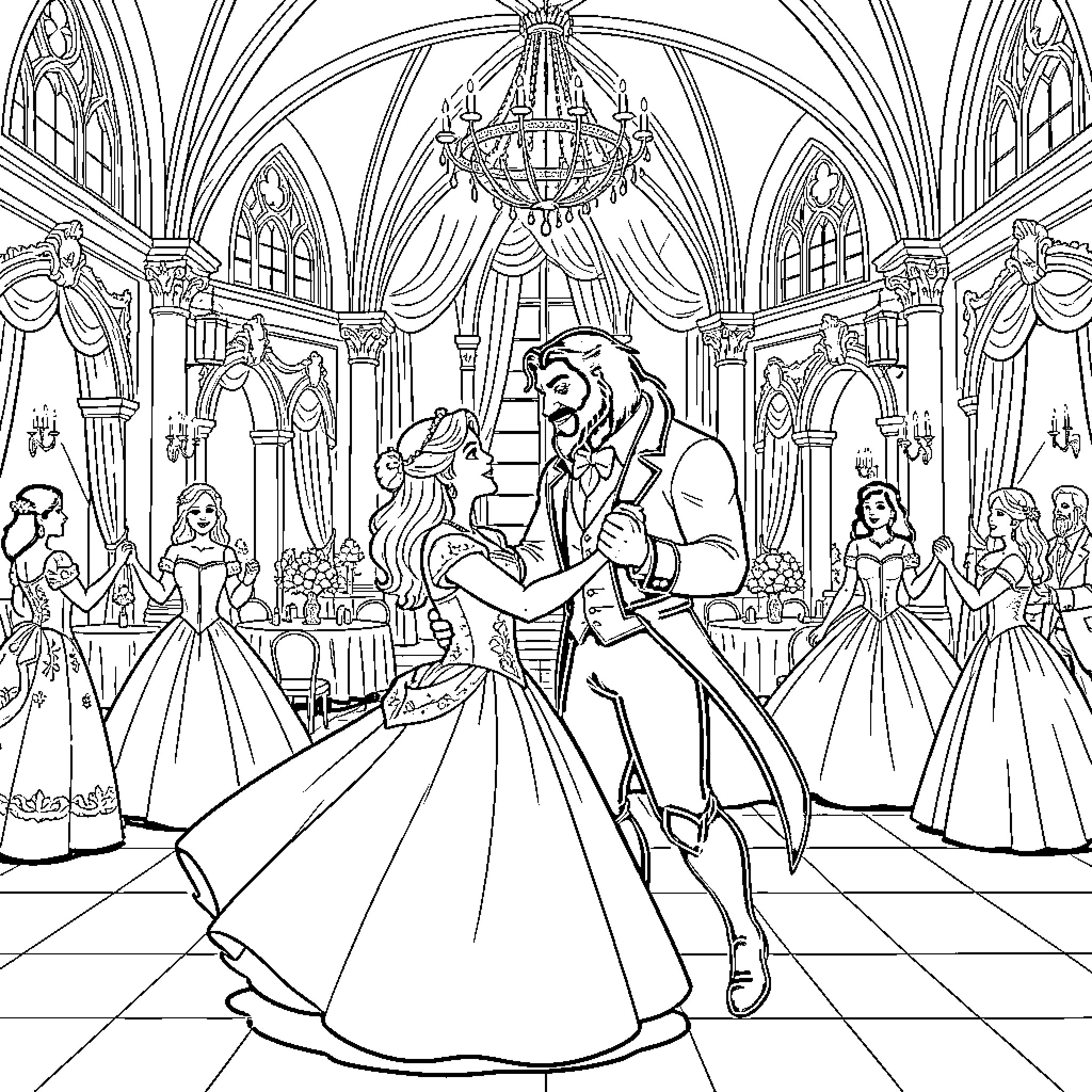 Beauty And The Beast dancing in a grand ballroom Coloring Page (free black-and-white line drawing printable PDF for all, from beginners to advanced learners, including children, teens, adults, and seniors)