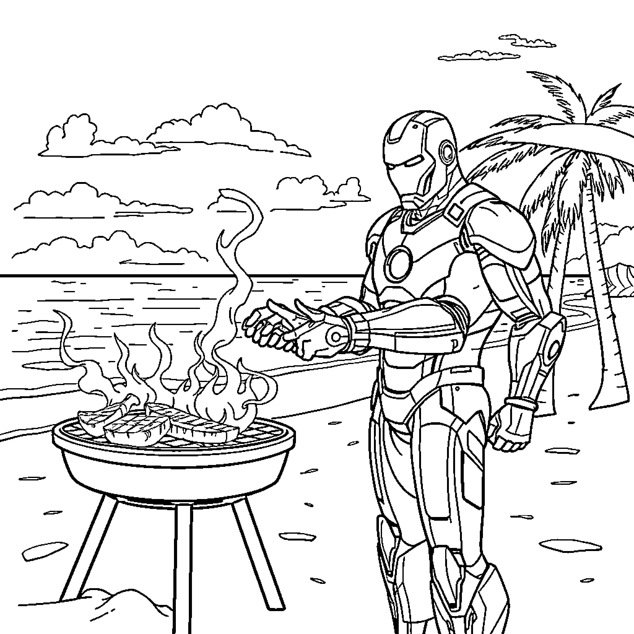 Iron Man Enjoying a Beach Barbecue Coloring Page (free black-and-white line drawing printable PDF for all, from beginners to advanced learners, including children, teens, adults, and seniors)