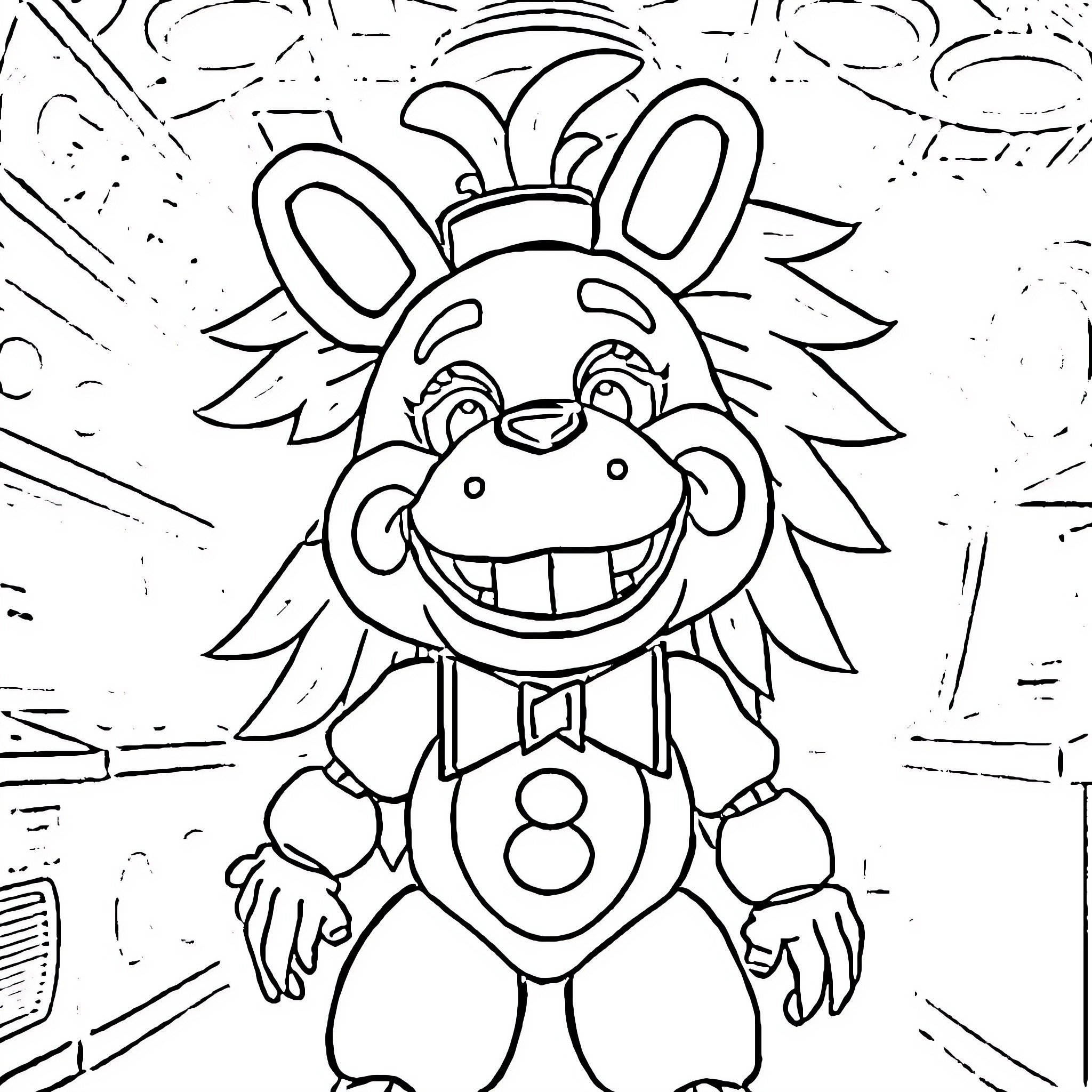 Chica's Cheerful Cartoon Character Coloring Page (free black-and-white line drawing printable PDF for all, from beginners to advanced learners, including children, teens, adults, and seniors)