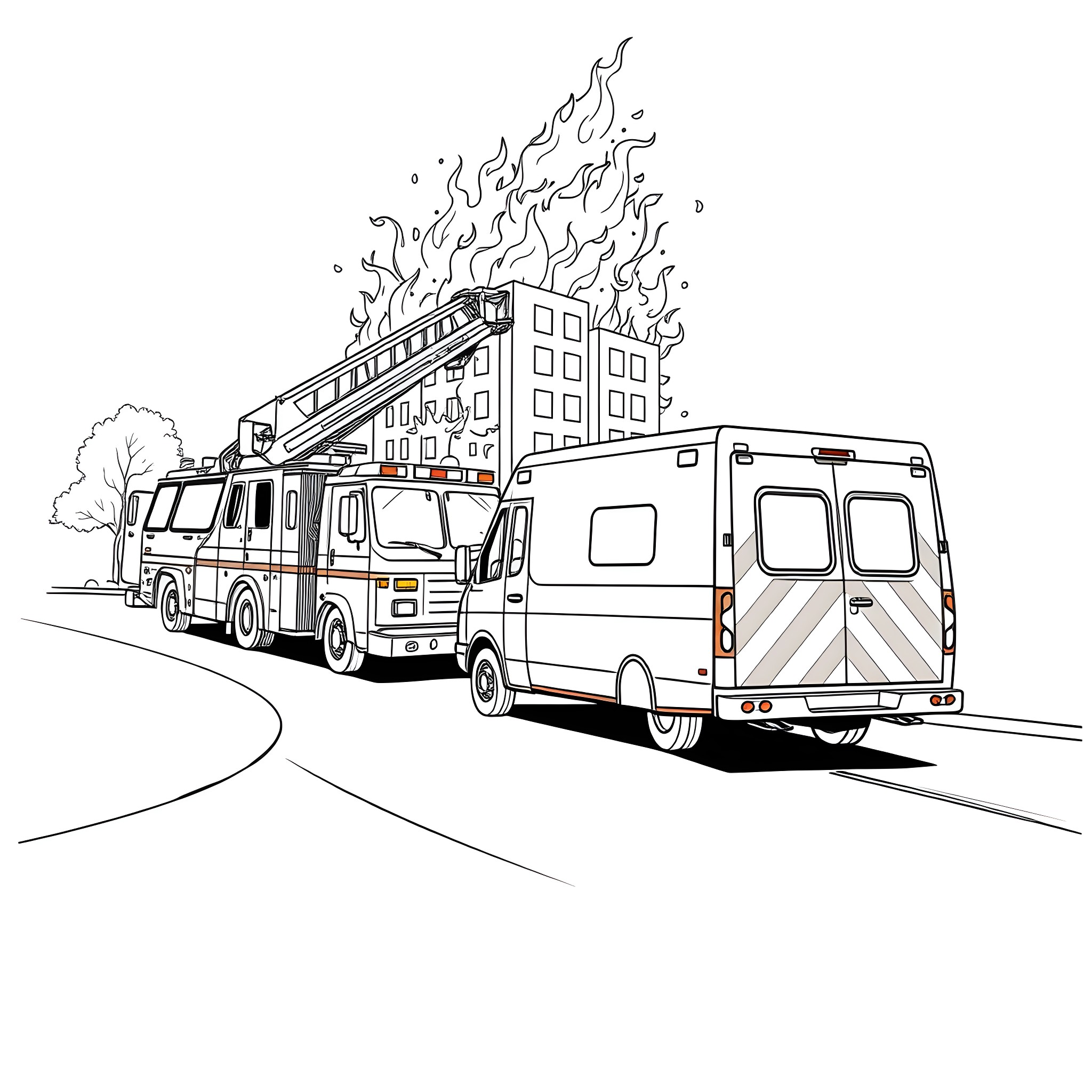 Ambulance responding to a building fire Coloring Page (free black-and-white line drawing printable PDF for all, from beginners to advanced learners, including children, teens, adults, and seniors)