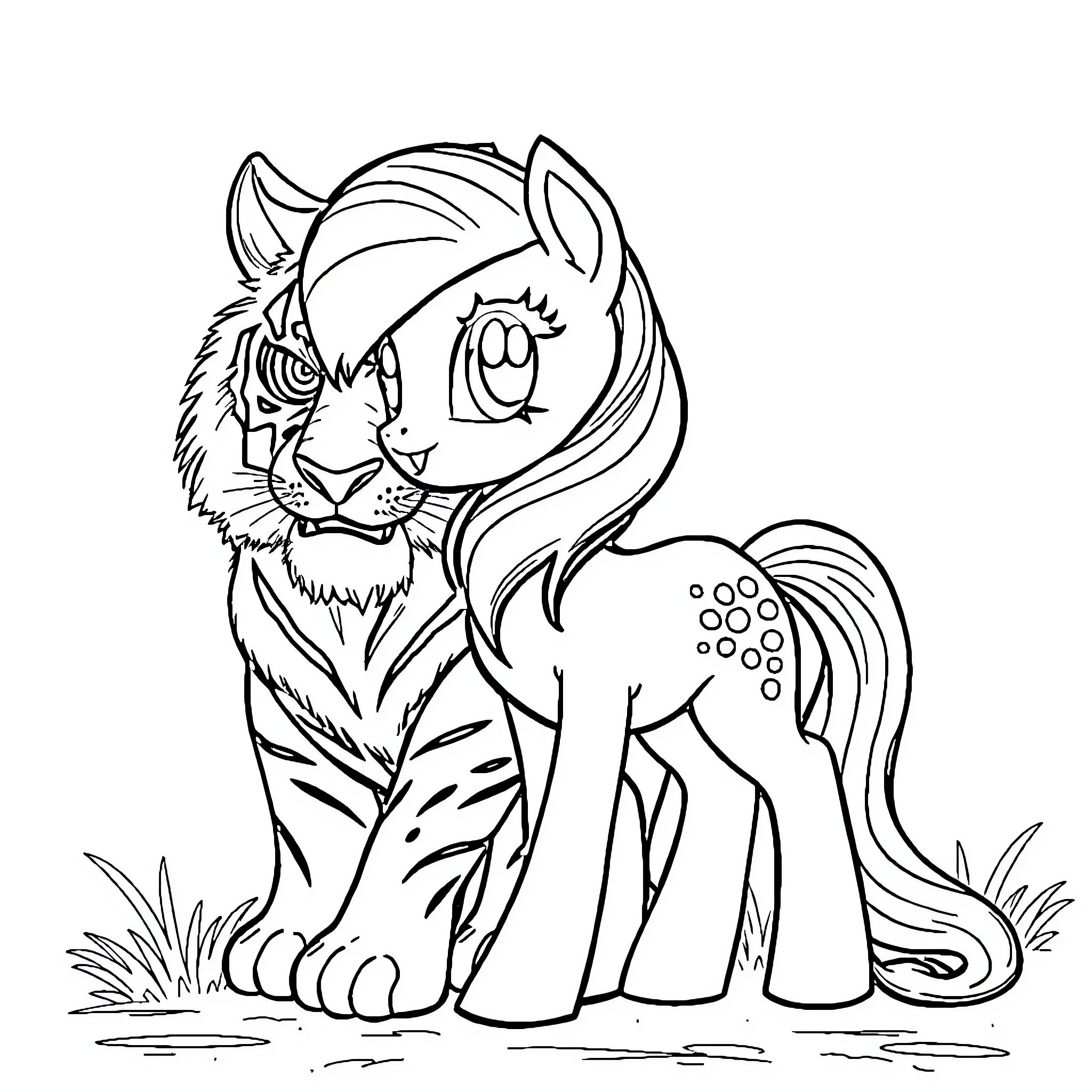 Pony standing next to majestic tiger Coloring Page (free black-and-white line drawing printable PDF for all, from beginners to advanced learners, including children, teens, adults, and seniors)