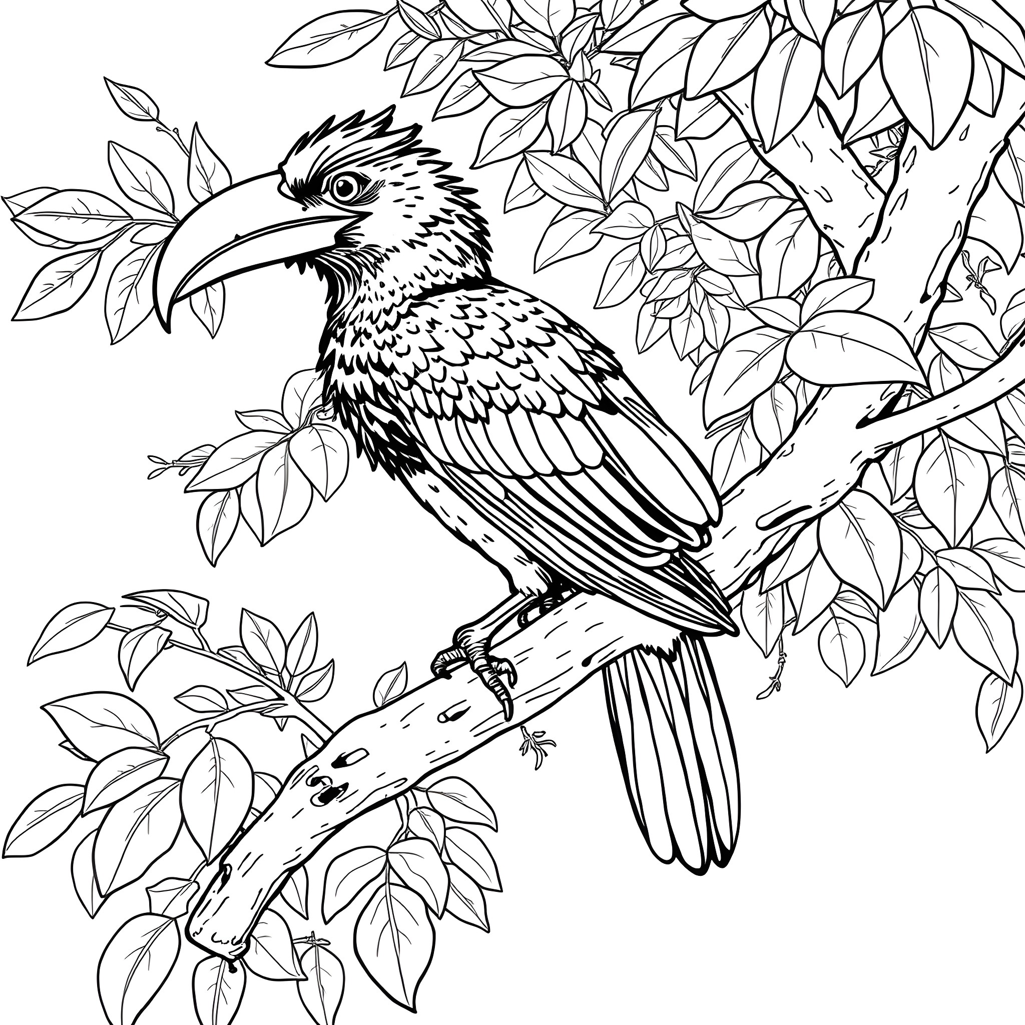 Aulacorhynchus Prasinus Beautiful Bird Perched Amid Lush Foliage Coloring Page (free black-and-white line drawing printable PDF for all, from beginners to advanced learners, including children, teens, adults, and seniors)
