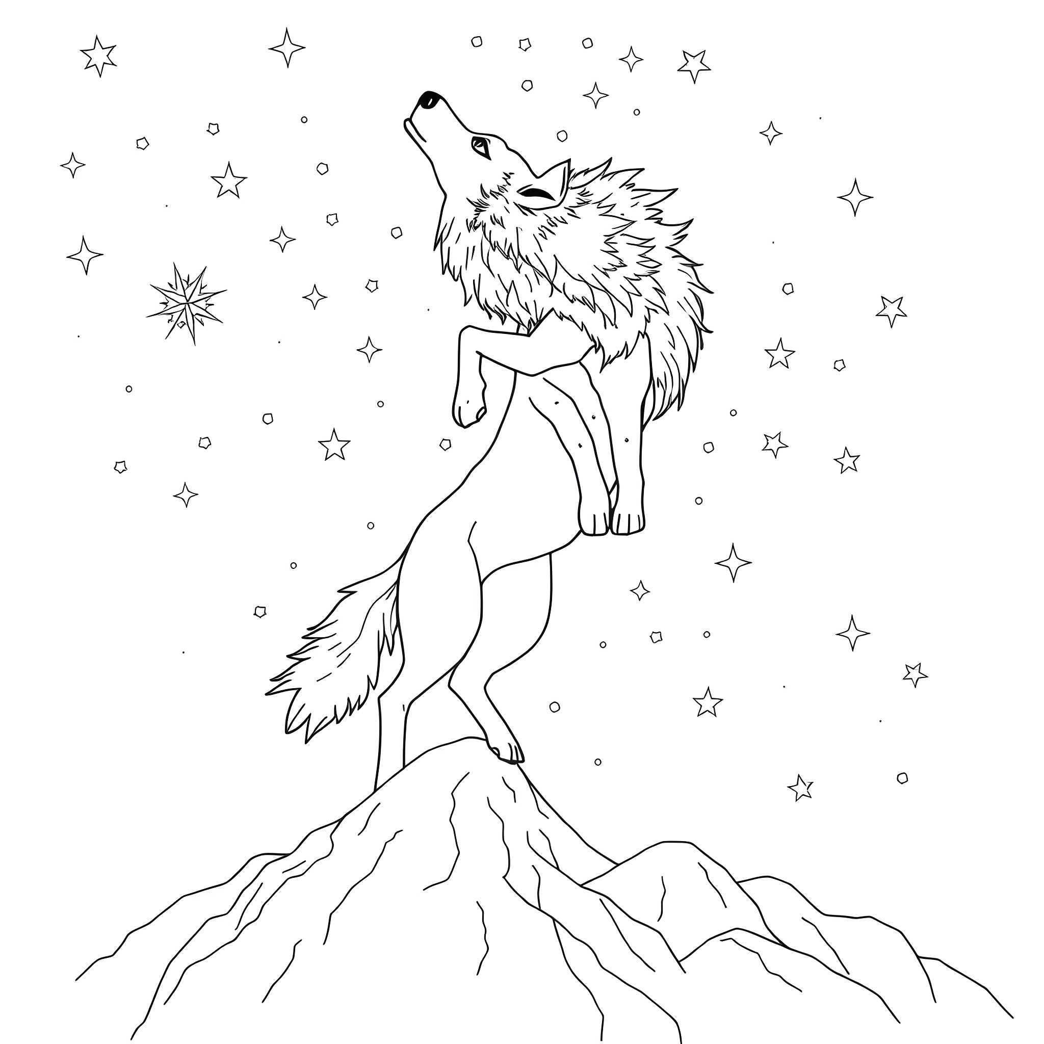 Spirit of the Howling Wolf under Starry Night Sky Coloring Page (free black-and-white line drawing printable PDF for all, from beginners to advanced learners, including children, teens, adults, and seniors)