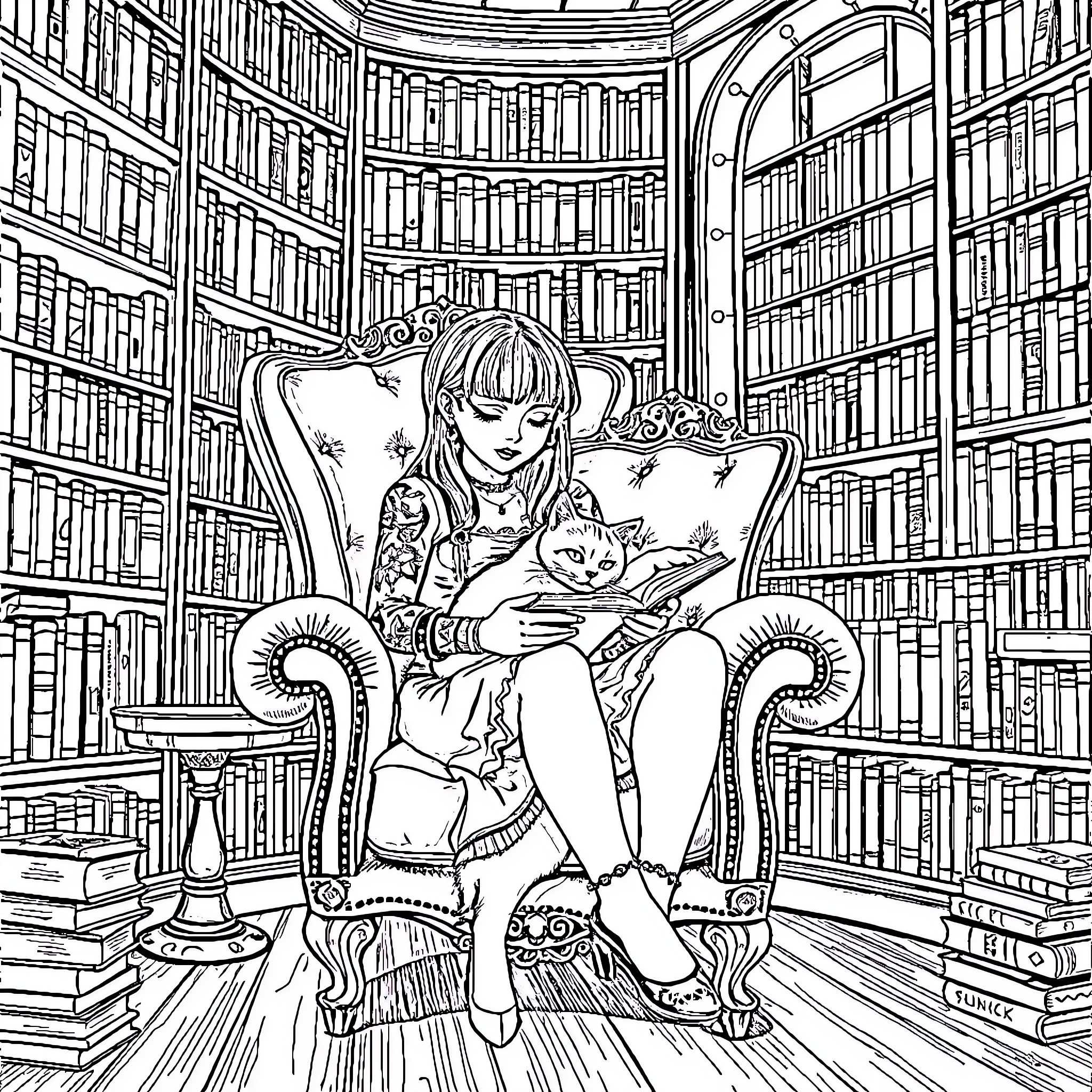Goth Girl Reading with Her Cat in the Library Coloring Page (free black-and-white line drawing printable PDF for all, from beginners to advanced learners, including children, teens, adults, and seniors)