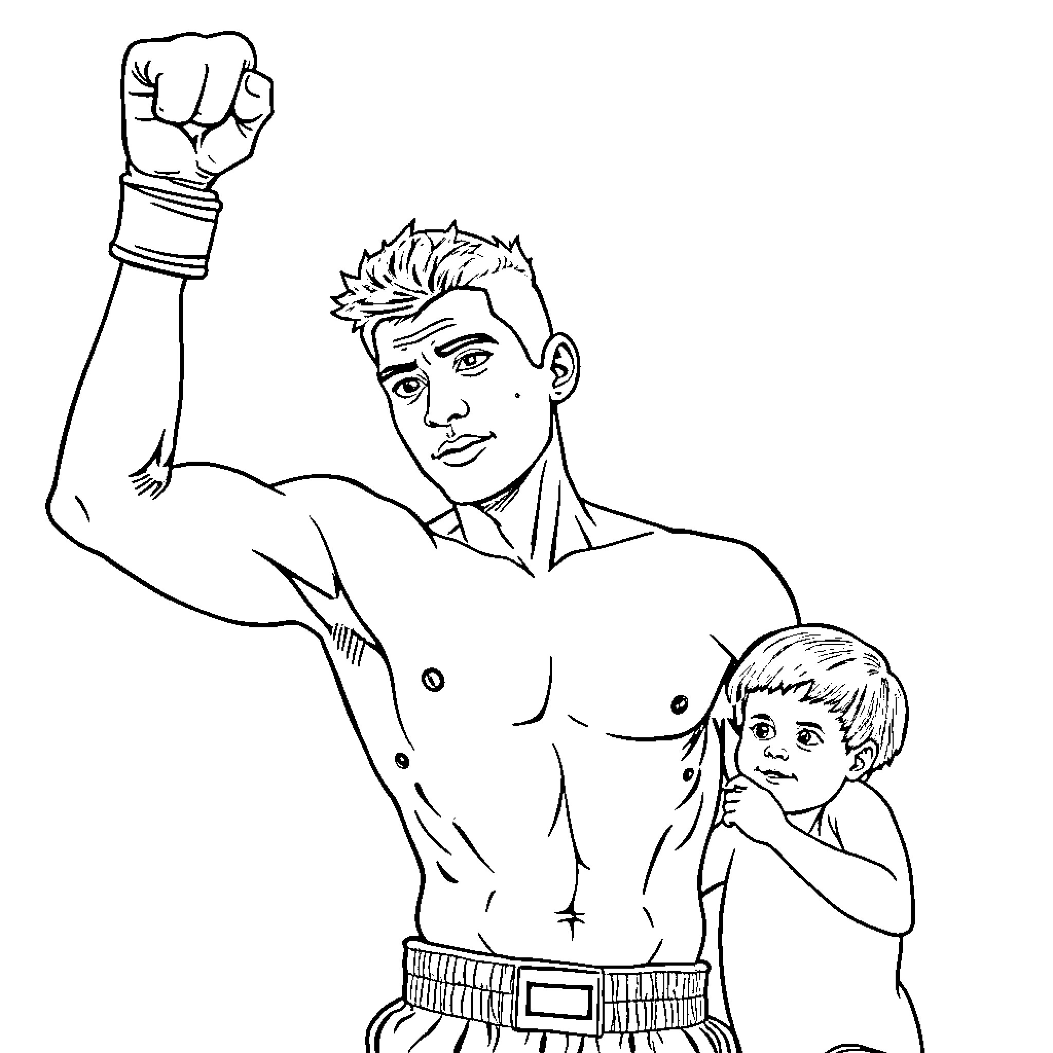 Hombre musculoso posando con un niño pequeño Coloring Page (free black-and-white line drawing printable PDF for all, from beginners to advanced learners, including children, teens, adults, and seniors)