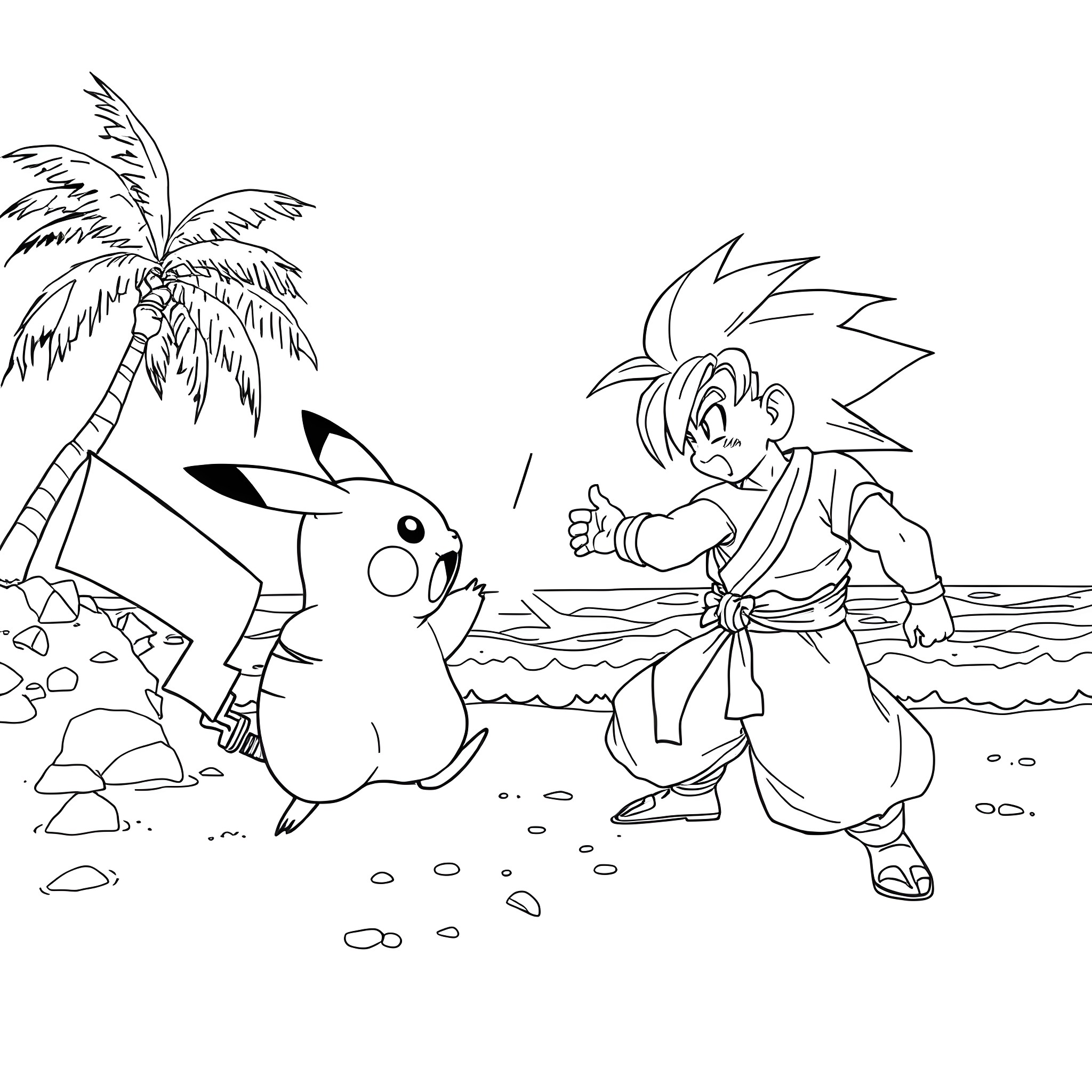 Pikachu and Goku have a friendly encounter on the beach Coloring Page (free black-and-white line drawing printable PDF for all, from beginners to advanced learners, including children, teens, adults, and seniors)
