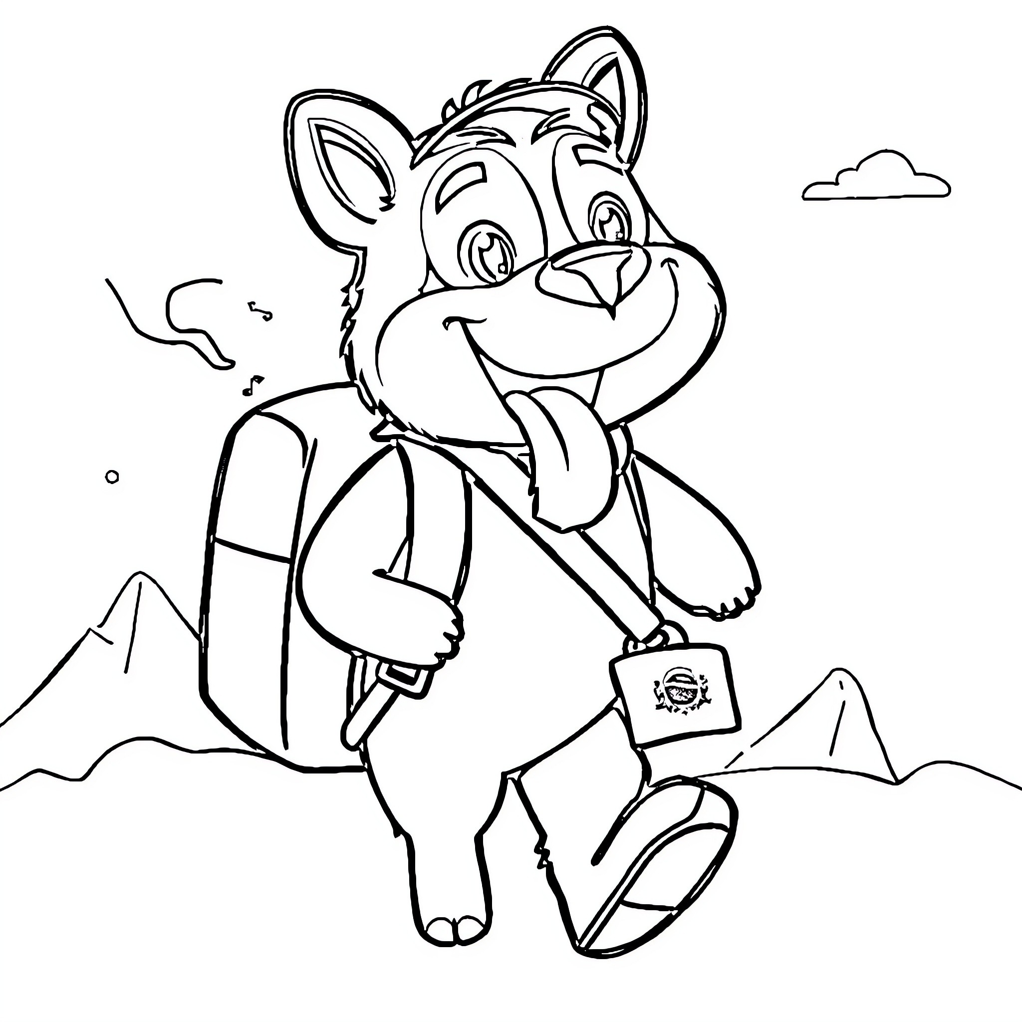 Labubu the Adventurous Cub on Hike Coloring Page (free black-and-white line drawing printable PDF for all, from beginners to advanced learners, including children, teens, adults, and seniors)