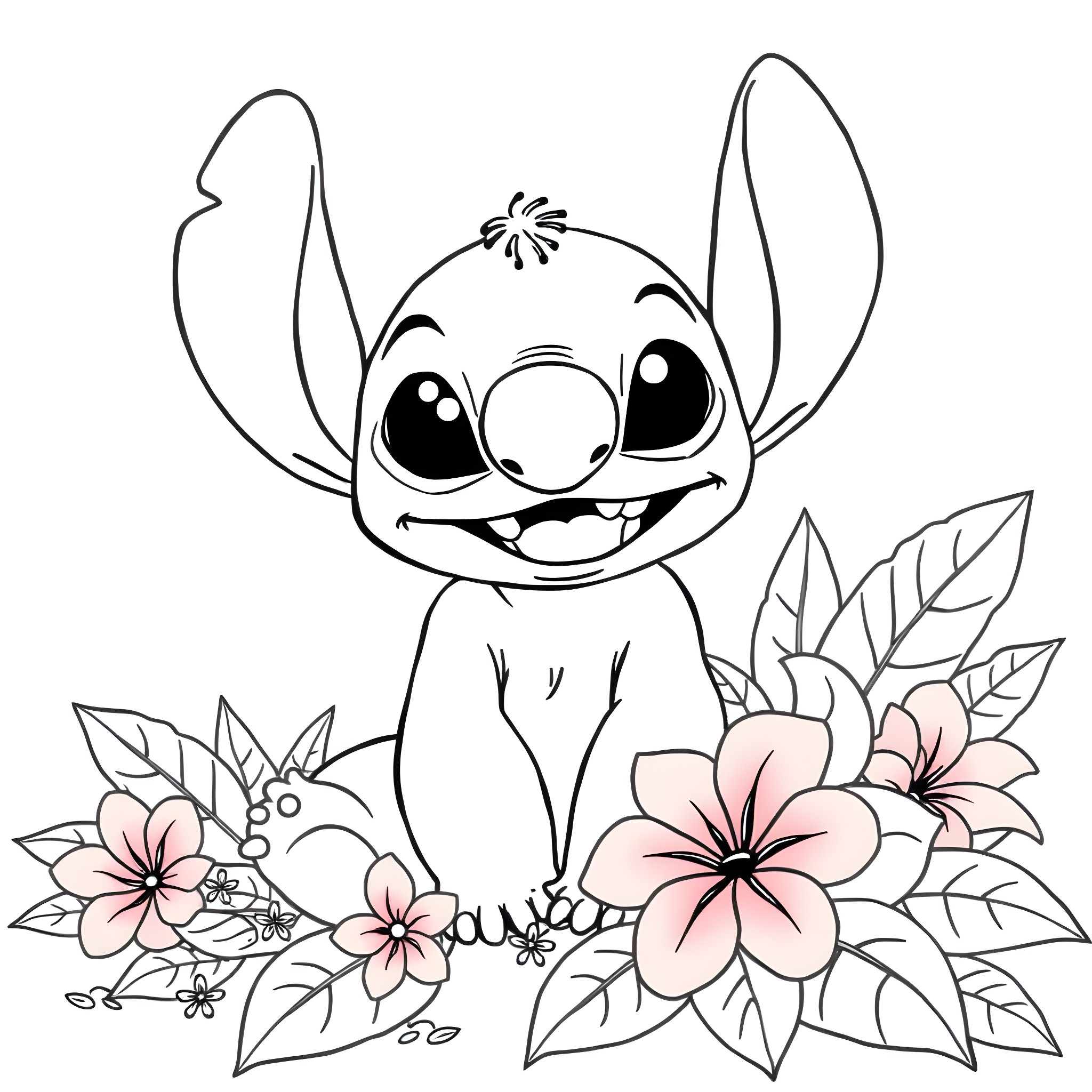 Stitch surrounded by flowers and nature Coloring Page (free black-and-white line drawing printable PDF for all, from beginners to advanced learners, including children, teens, adults, and seniors)