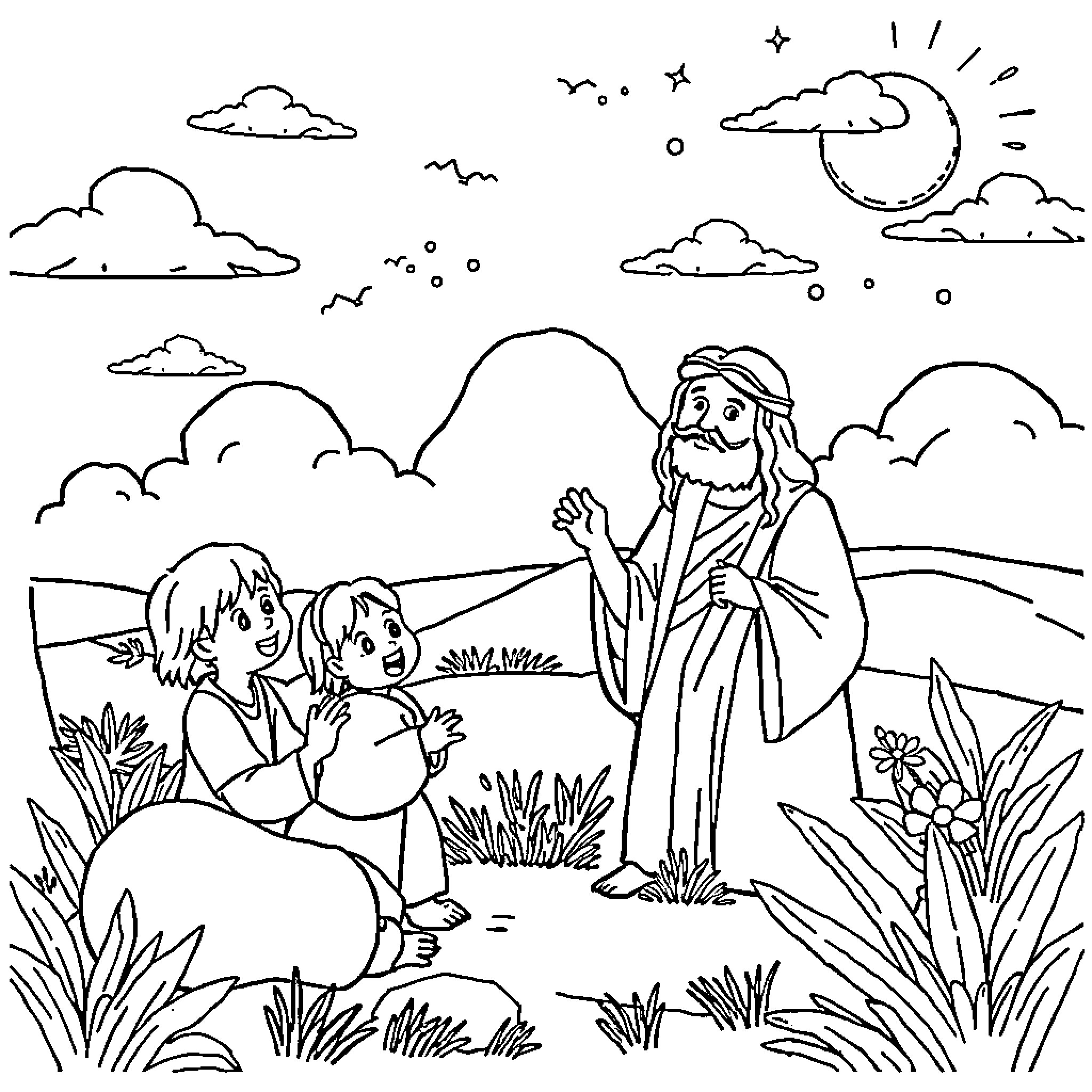Bible scene of Jesus teaching children in the fields Coloring Page (free black-and-white line drawing printable PDF for all, from beginners to advanced learners, including children, teens, adults, and seniors)