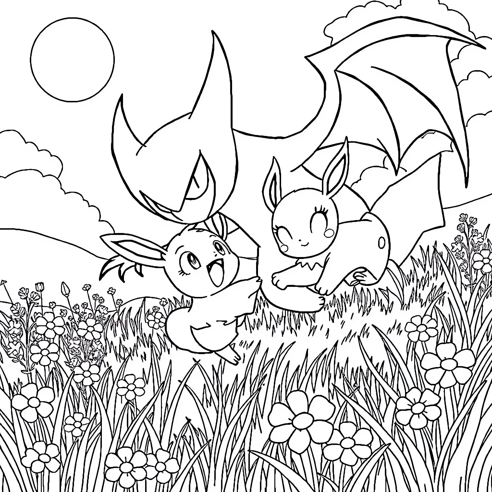 Gengar with Pokémon friends in a floral landscape Coloring Page (free black-and-white line drawing printable PDF for all, from beginners to advanced learners, including children, teens, adults, and seniors)