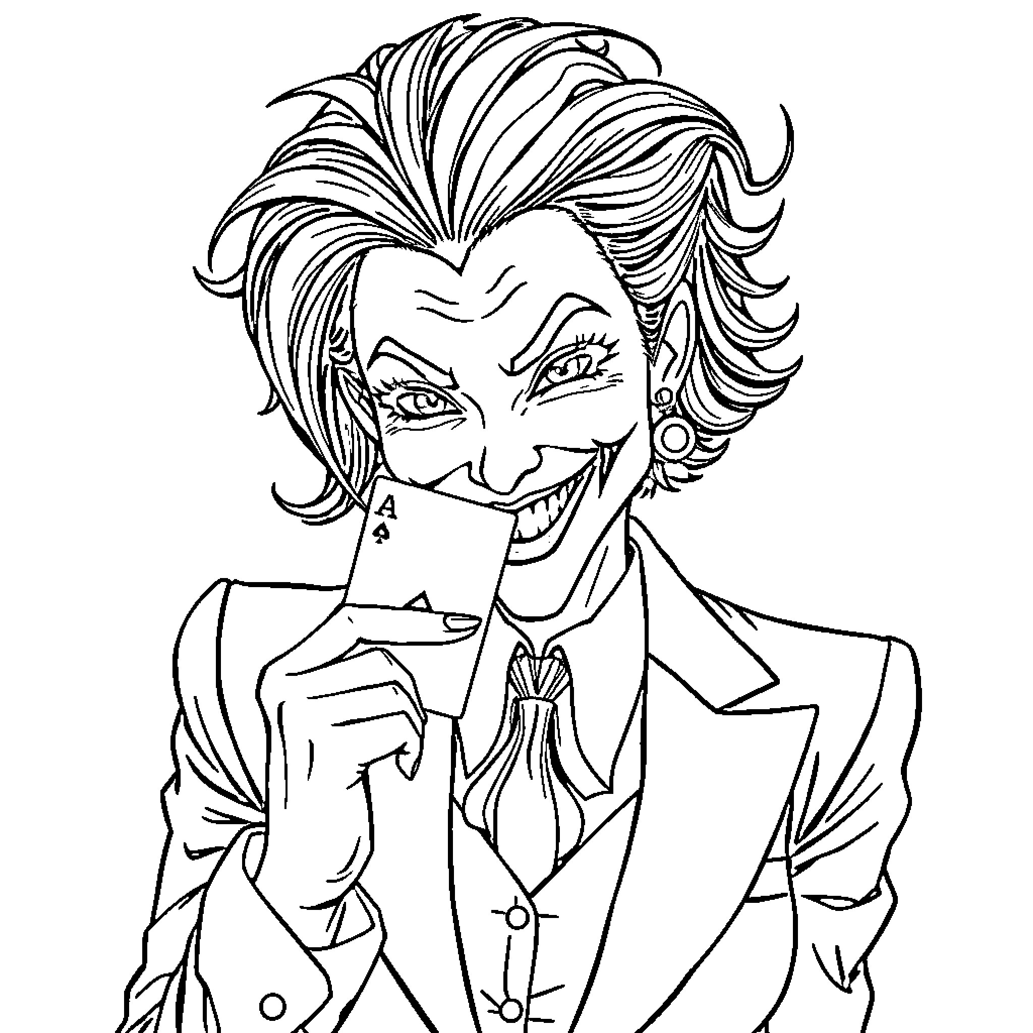 Joker's Mischievous Grin: A Villainous Delight Coloring Page (free black-and-white line drawing printable PDF for all, from beginners to advanced learners, including children, teens, adults, and seniors)