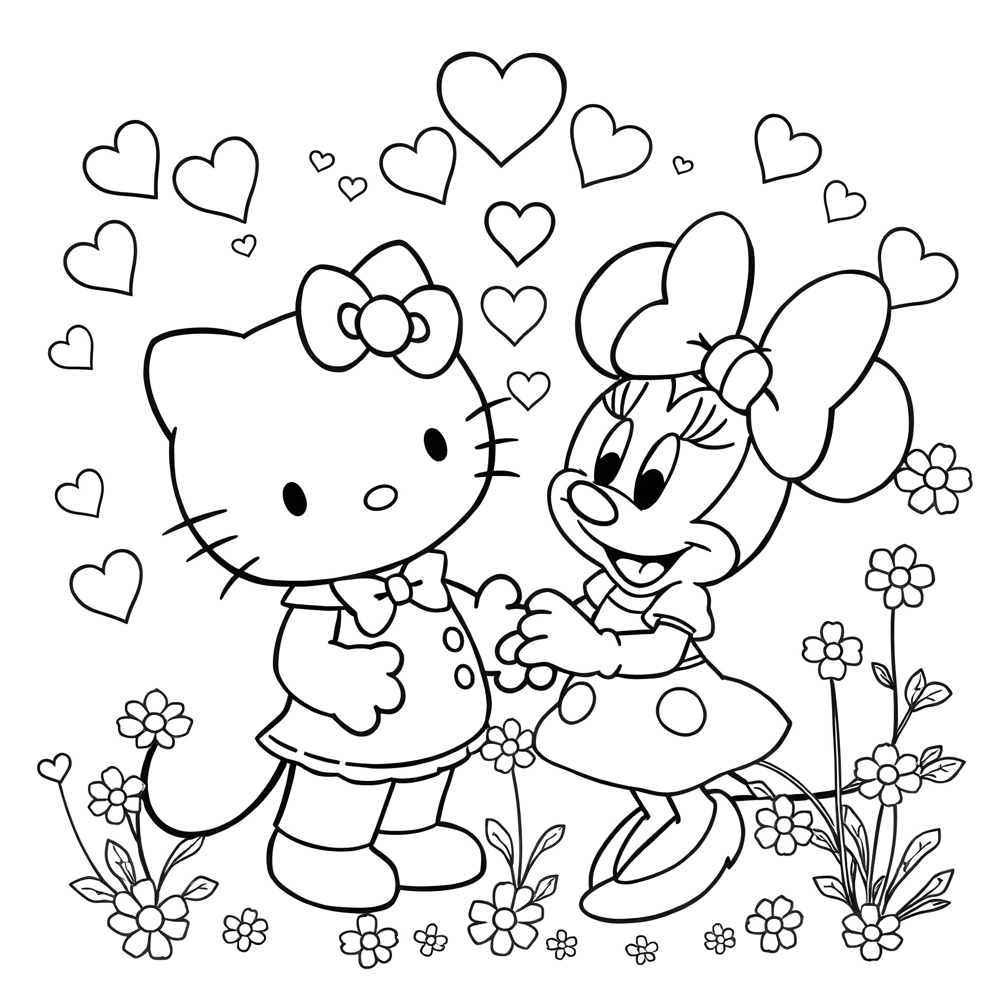 Hello Kitty and Minnie Mouse playing with hearts in the garden Coloring Page (free black-and-white line drawing printable PDF for all, from beginners to advanced learners, including children, teens, adults, and seniors)