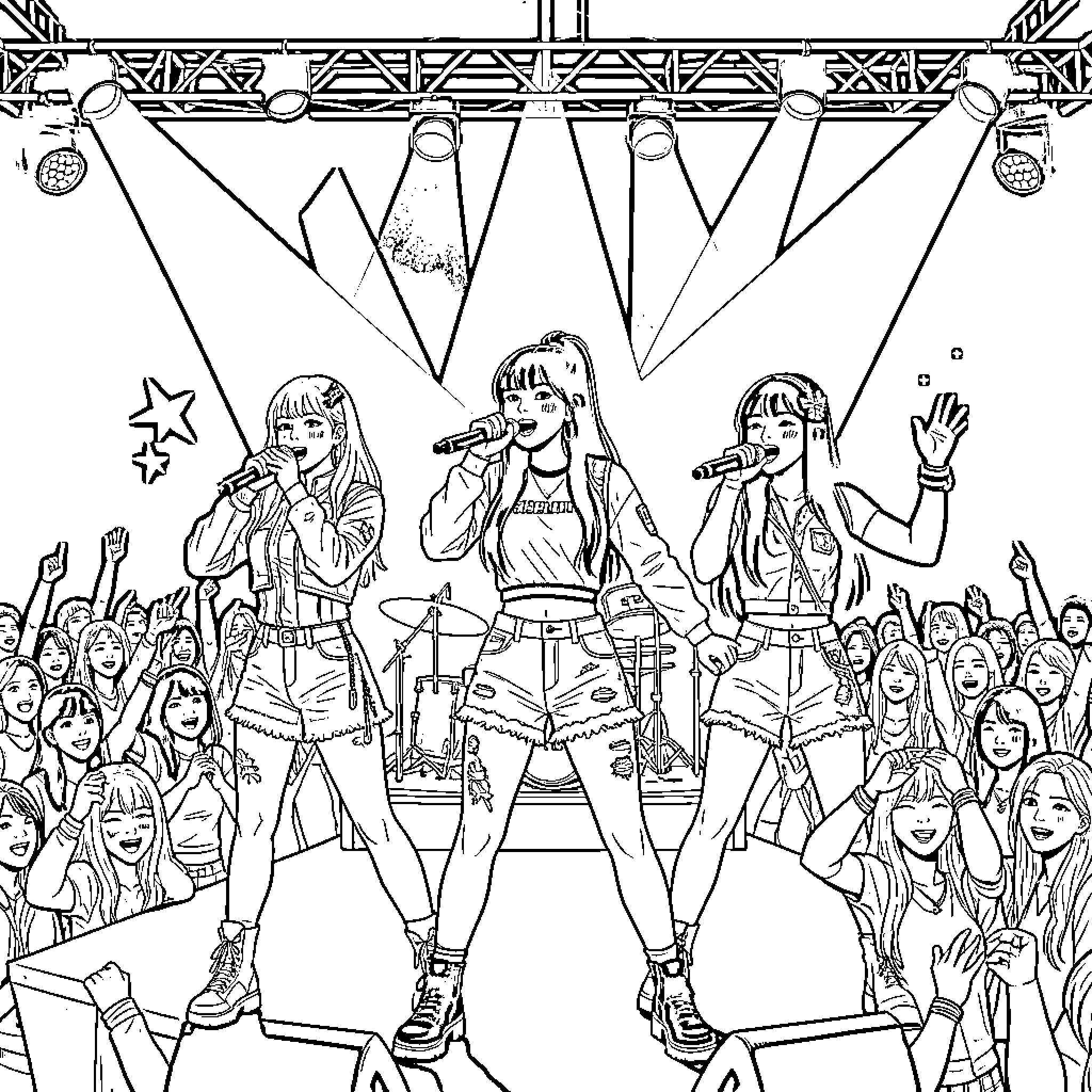 Kpop Warriors Performing on Stage with Energetic Fans Coloring Page (free black-and-white line drawing printable PDF for all, from beginners to advanced learners, including children, teens, adults, and seniors)
