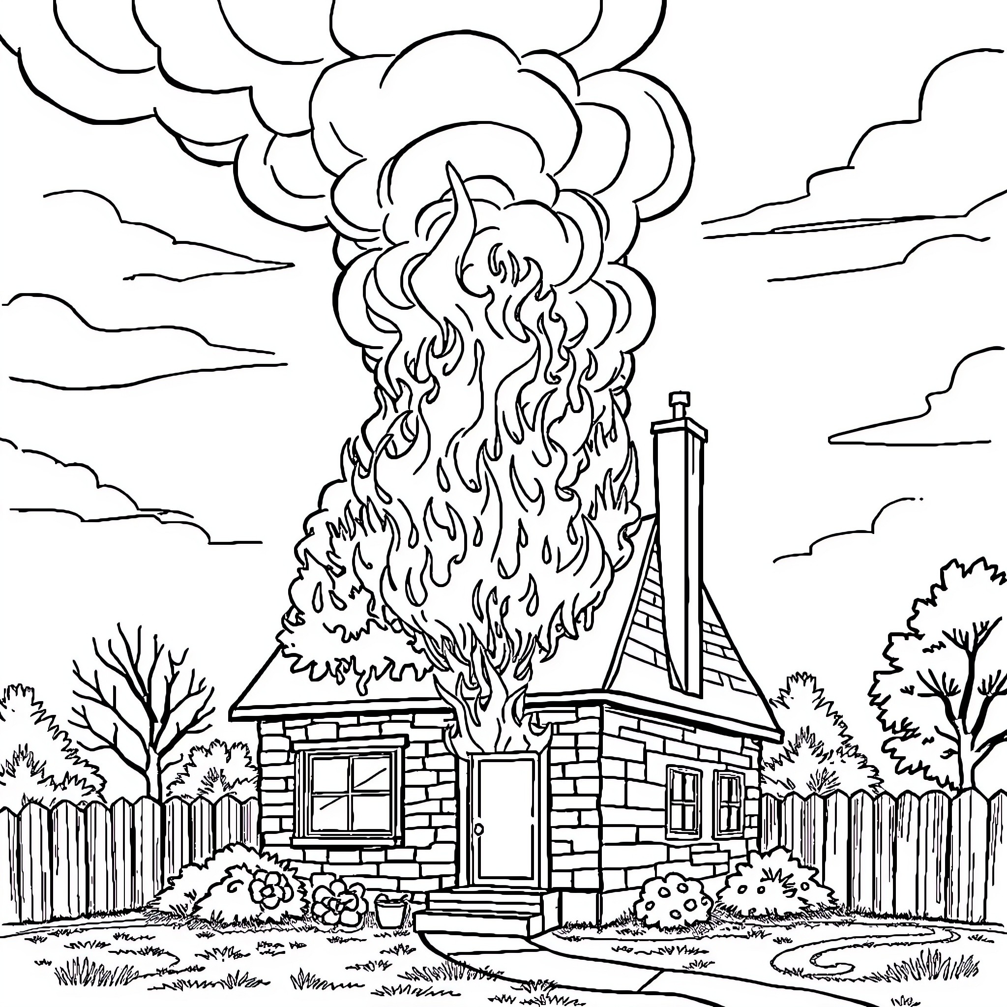 House on fire with smoke billowing in the countryside Coloring Page (free black-and-white line drawing printable PDF for all, from beginners to advanced learners, including children, teens, adults, and seniors)