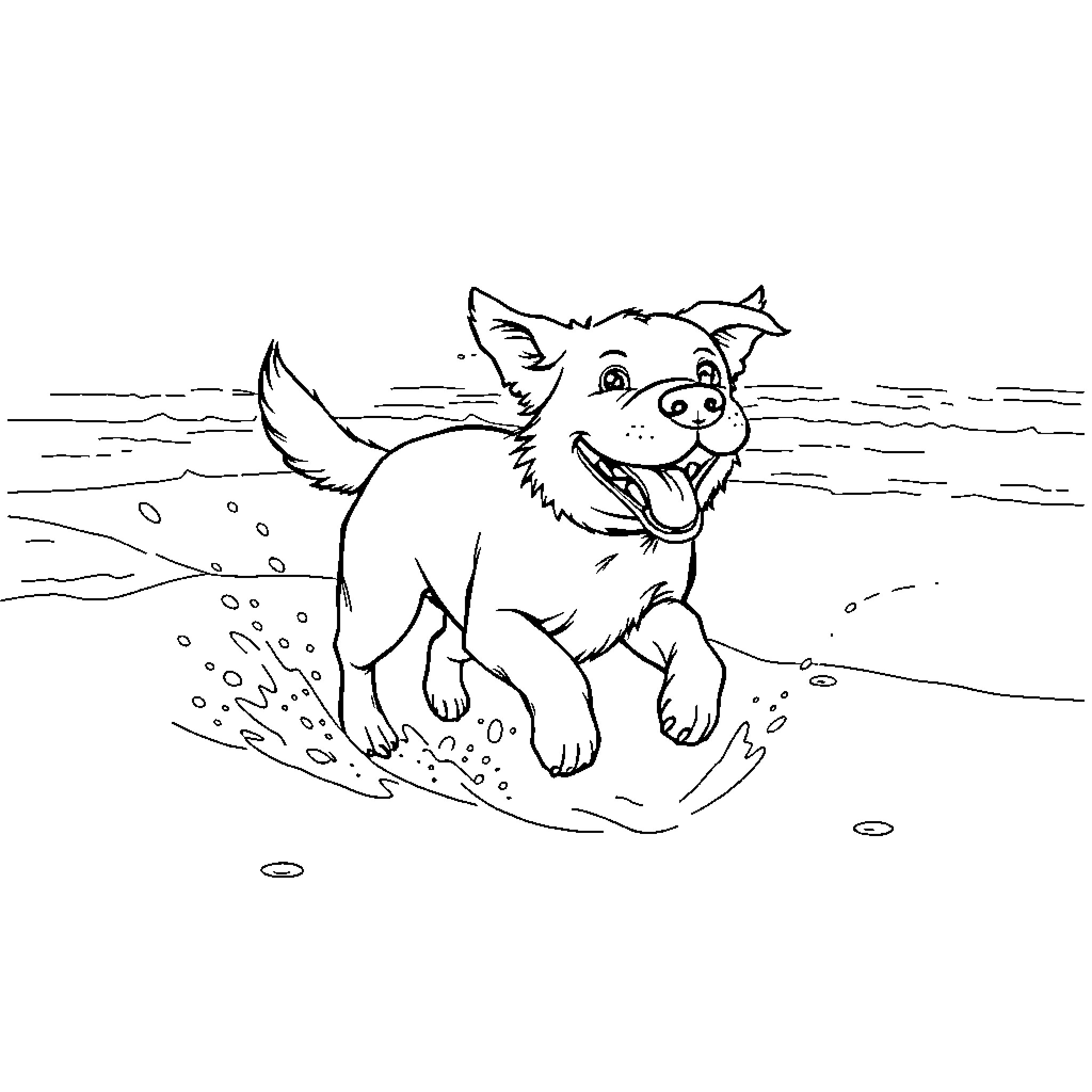Dog frolicking joyfully on the beach Coloring Page (free black-and-white line drawing printable PDF for all, from beginners to advanced learners, including children, teens, adults, and seniors)