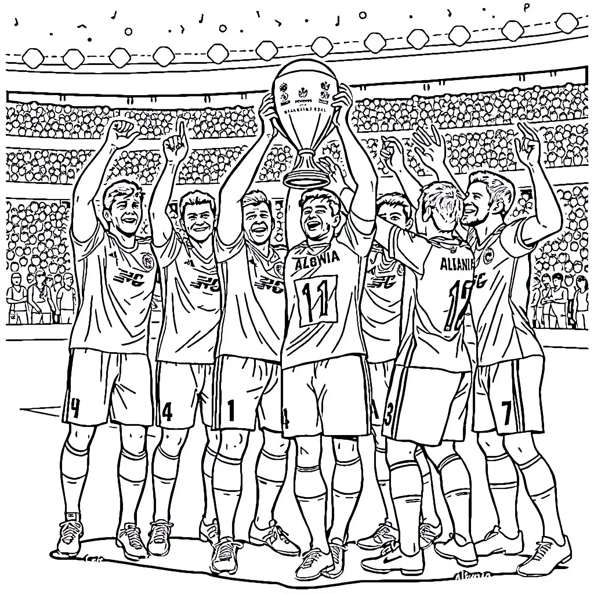 Albania's soccer team celebrating championship victory Coloring Page (free black-and-white line drawing printable PDF for all, from beginners to advanced learners, including children, teens, adults, and seniors)