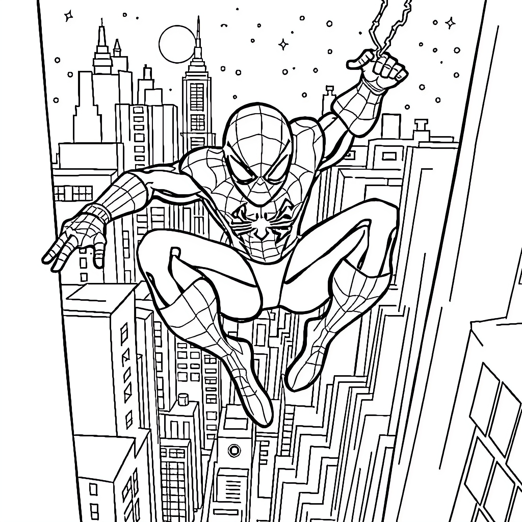 Spider-Man Swinging Through the City Skyline Coloring Page (free black-and-white line drawing printable PDF for all, from beginners to advanced learners, including children, teens, adults, and seniors)