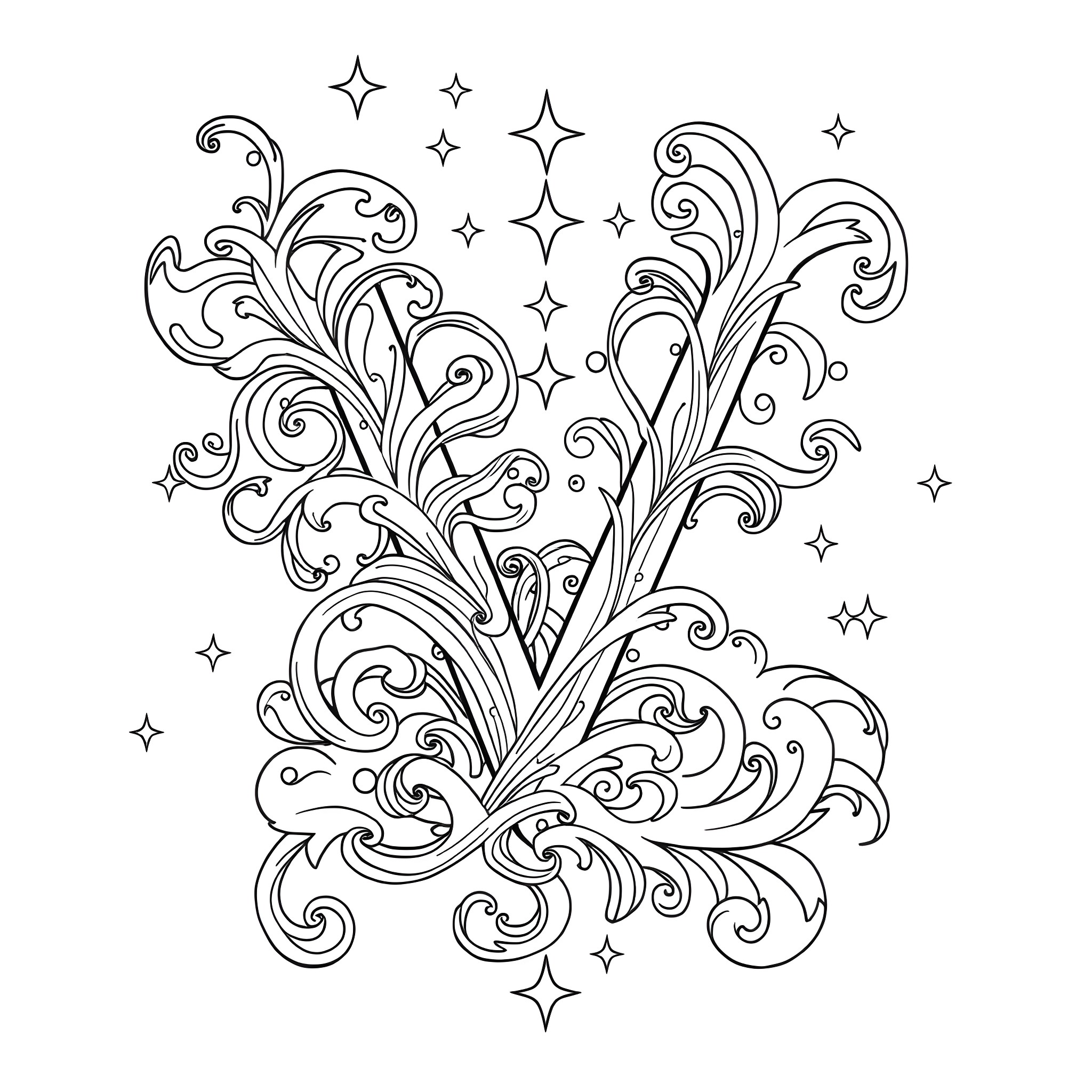 Vibrant Swirls and Shimmering Stars Coloring Page (free black-and-white line drawing printable PDF for all, from beginners to advanced learners, including children, teens, adults, and seniors)