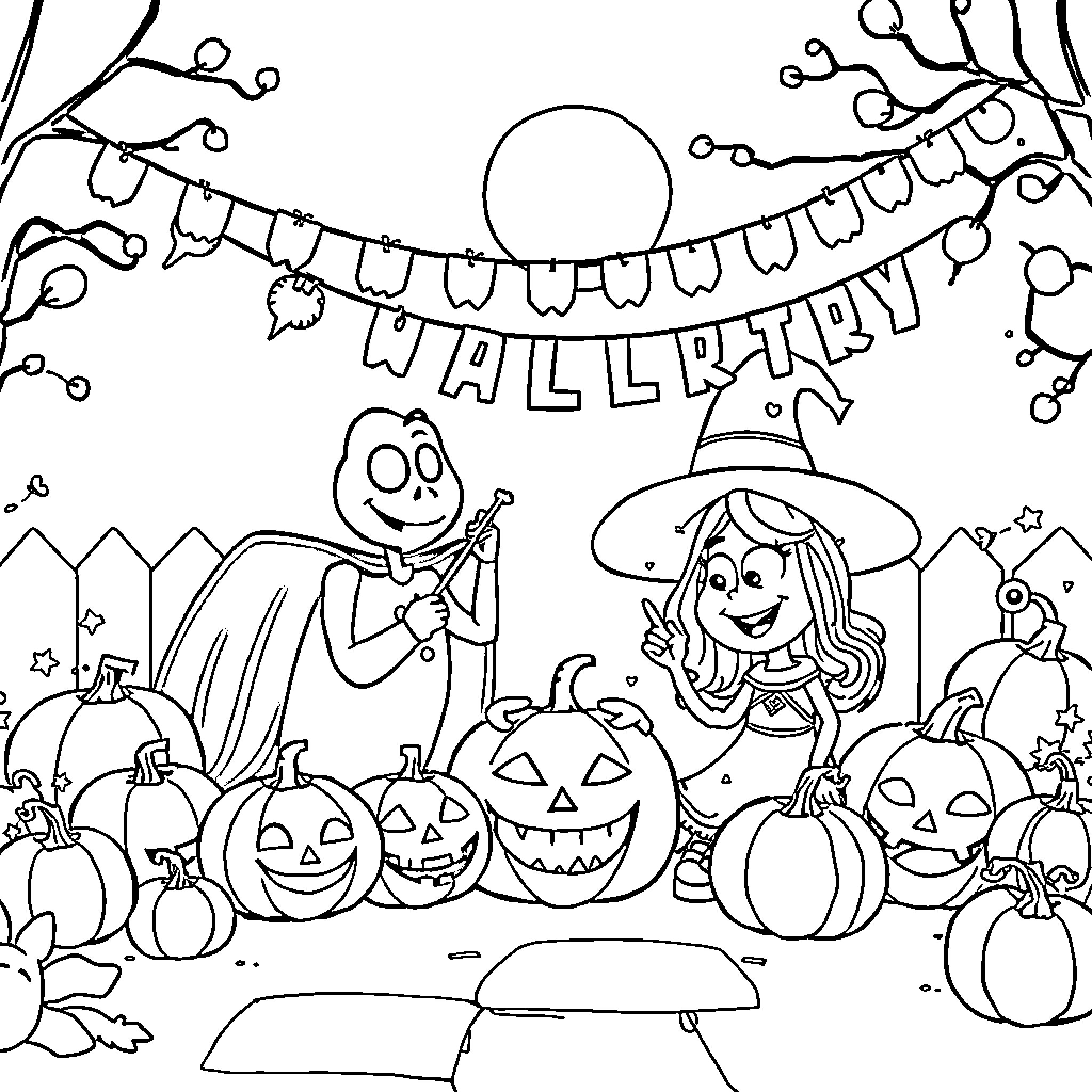 Pixar Characters Celebrating Halloween with Pumpkins and Decorations Coloring Page (free black-and-white line drawing printable PDF for all, from beginners to advanced learners, including children, teens, adults, and seniors)