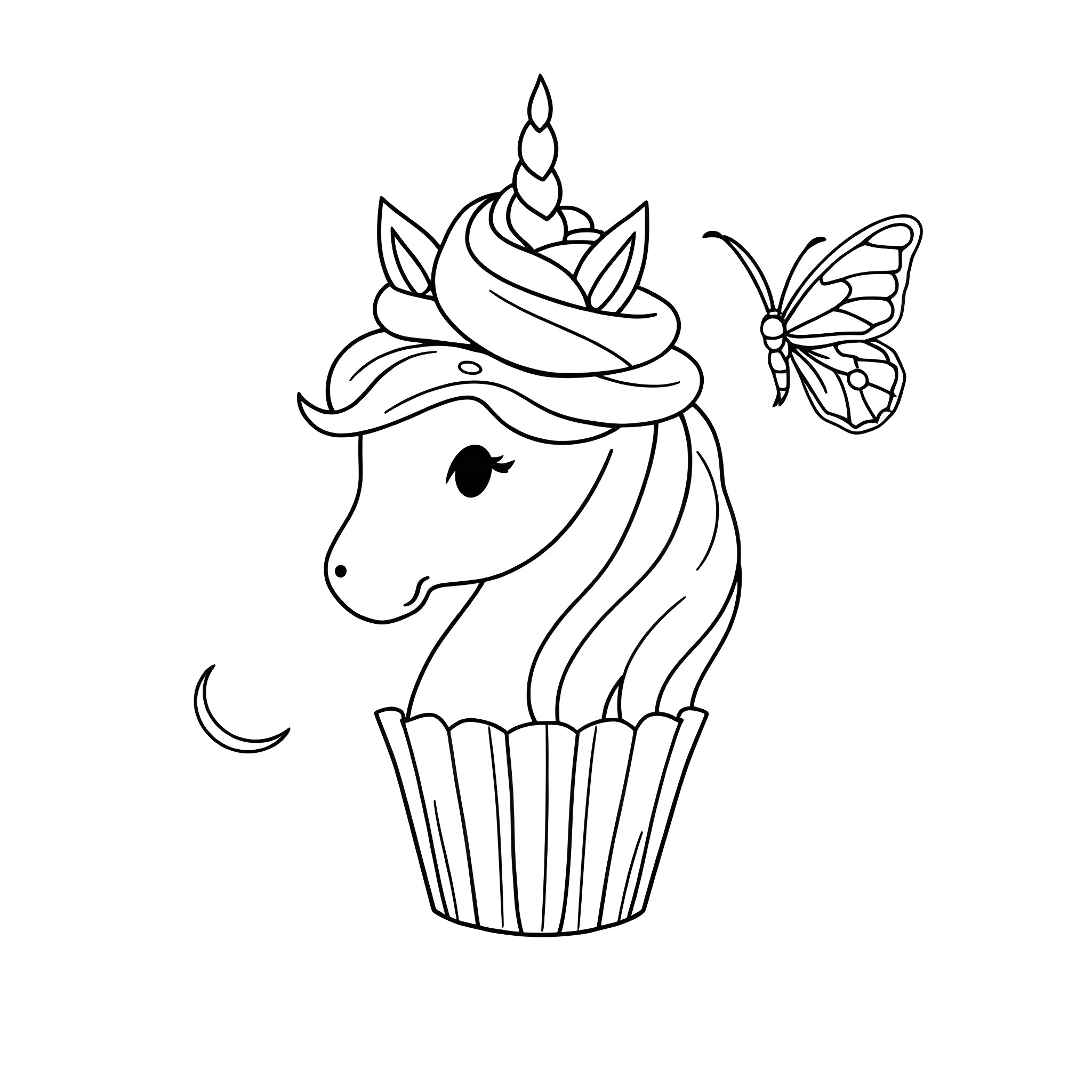 Cupcake Unicorn with Butterfly Coloring Page (free black-and-white line drawing printable PDF for all, from beginners to advanced learners, including children, teens, adults, and seniors)