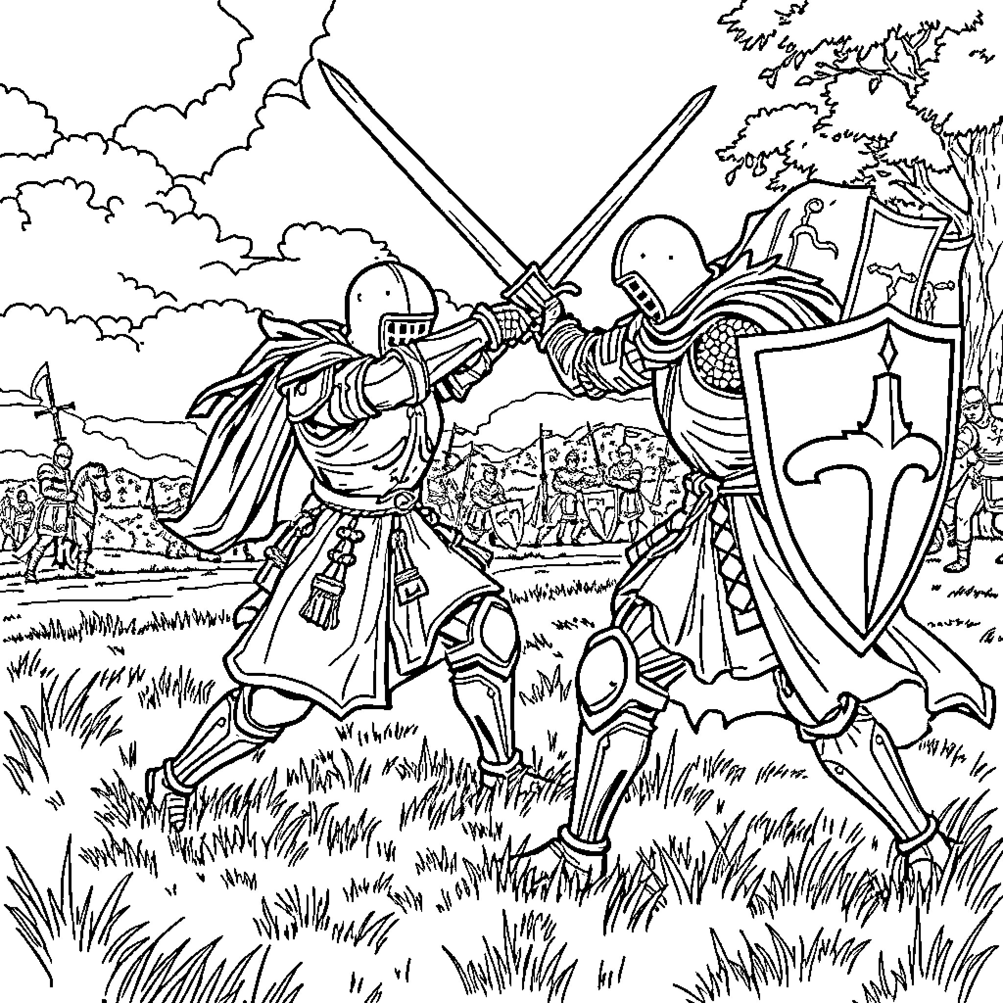 Knight Combating Adversary in Dramatic Battlefield Scene Coloring Page (free black-and-white line drawing printable PDF for all, from beginners to advanced learners, including children, teens, adults, and seniors)