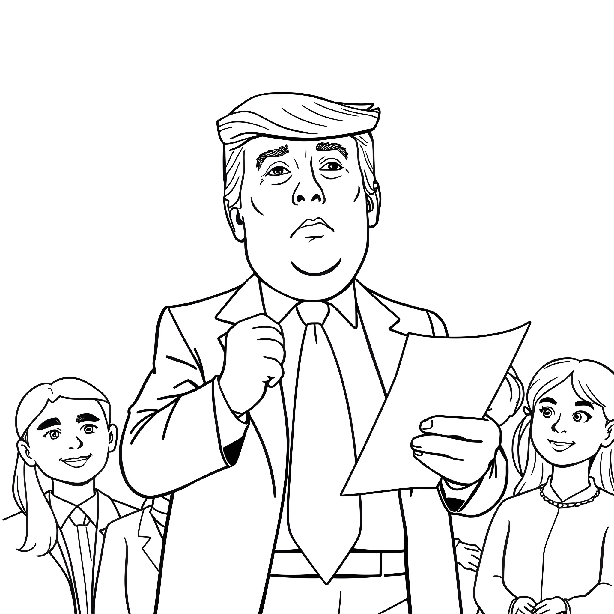 Donald Trump delivering speech with aides Coloring Page (free black-and-white line drawing printable PDF for all, from beginners to advanced learners, including children, teens, adults, and seniors)