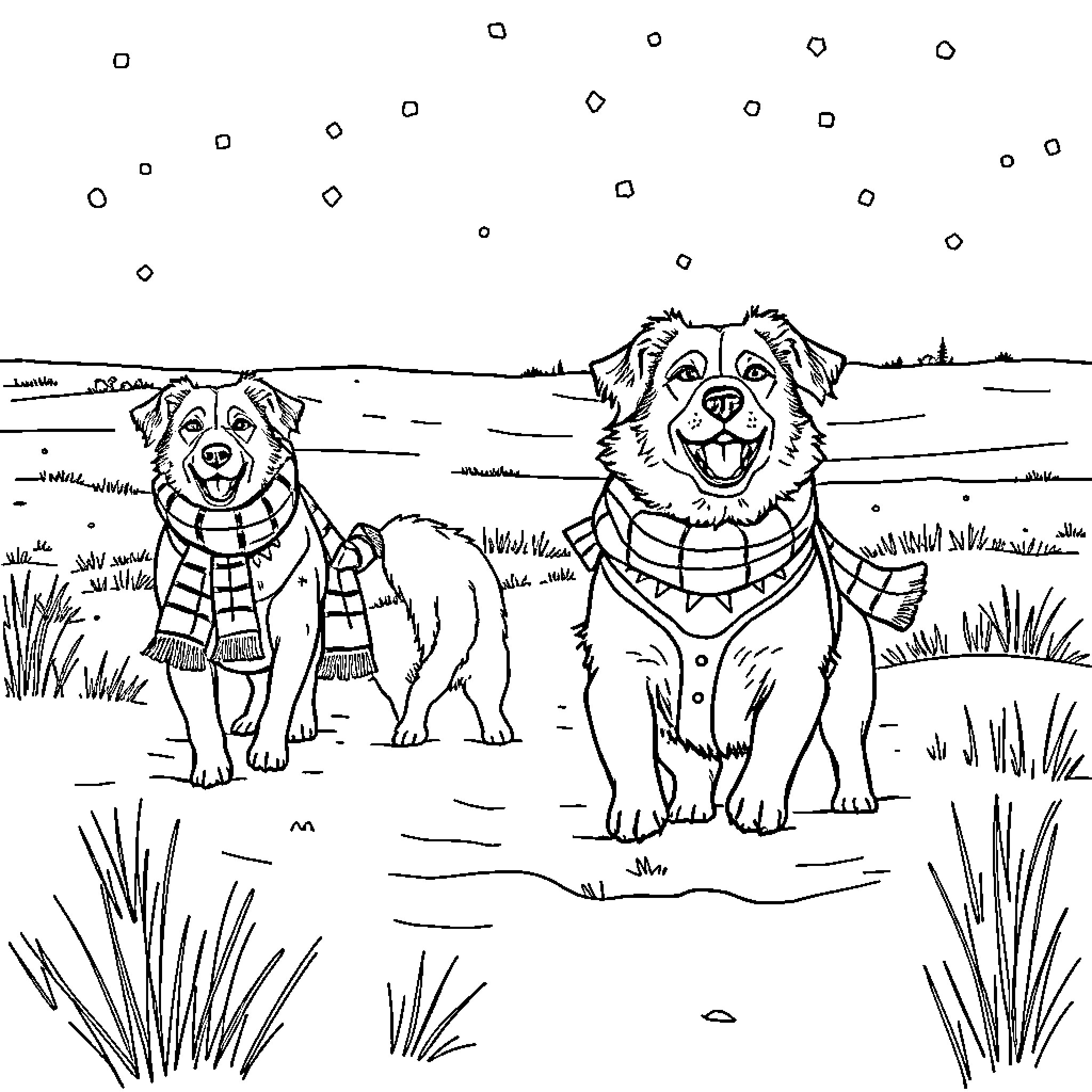 Dogs playing happily in the field Coloring Page (free black-and-white line drawing printable PDF for all, from beginners to advanced learners, including children, teens, adults, and seniors)