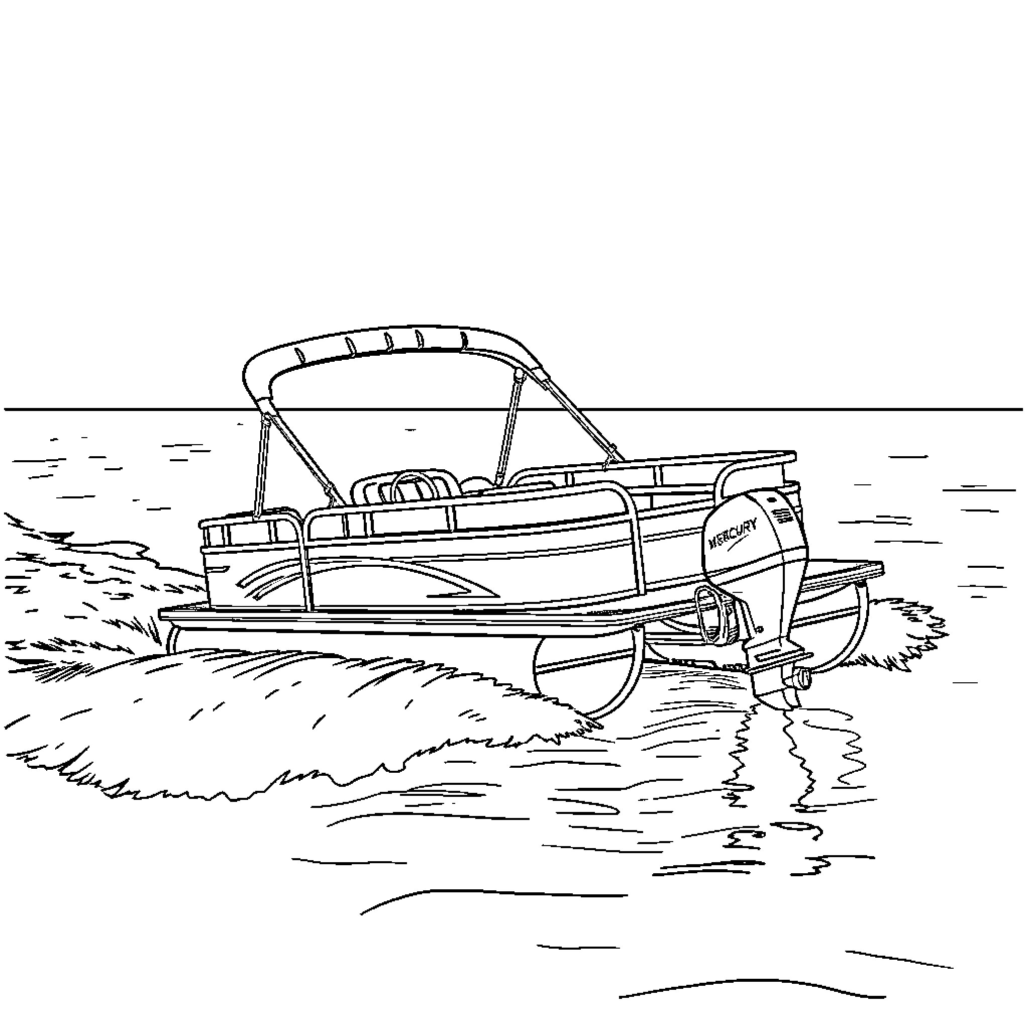Pontoon Boat riding on the water Coloring Page (free black-and-white line drawing printable PDF for all, from beginners to advanced learners, including children, teens, adults, and seniors)