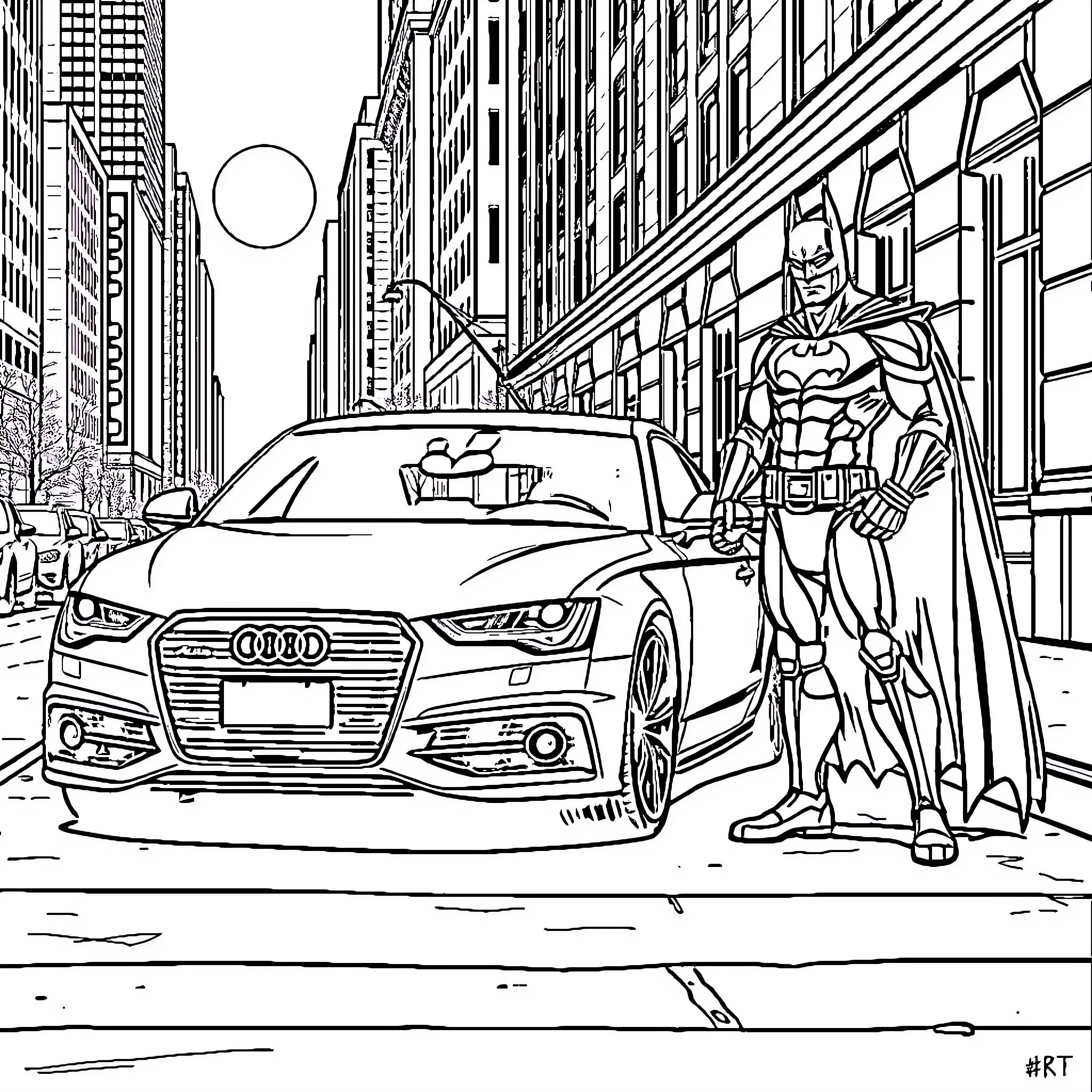 Audi A6 with Superhero Character in City Coloring Page (free black-and-white line drawing printable PDF for all, from beginners to advanced learners, including children, teens, adults, and seniors)
