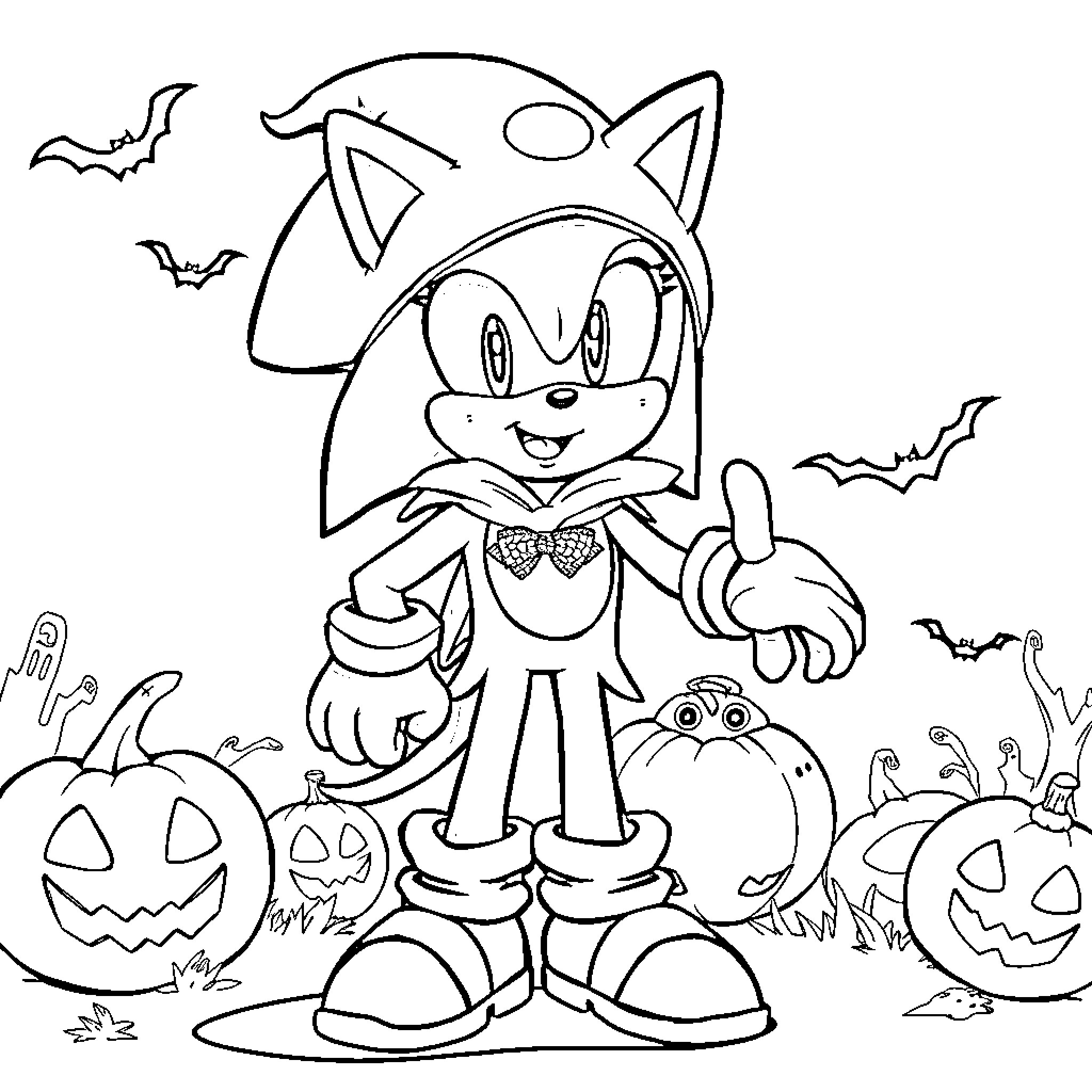 Sonic in Halloween Costume Surrounded by Pumpkins and Bats Coloring Page (free black-and-white line drawing printable PDF for all, from beginners to advanced learners, including children, teens, adults, and seniors)