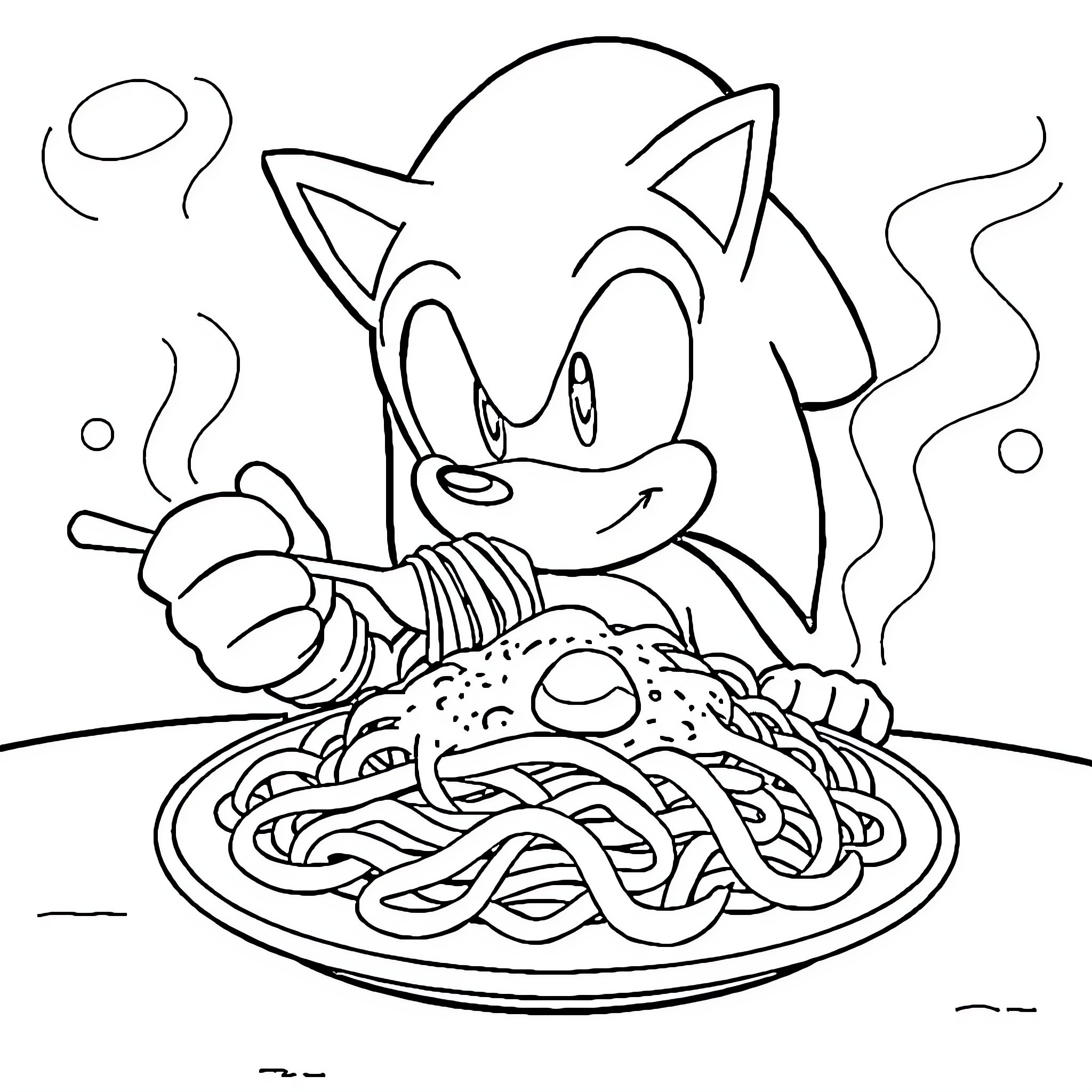 Sonic enjoying a delicious plate of spaghetti Coloring Page (free black-and-white line drawing printable PDF for all, from beginners to advanced learners, including children, teens, adults, and seniors)