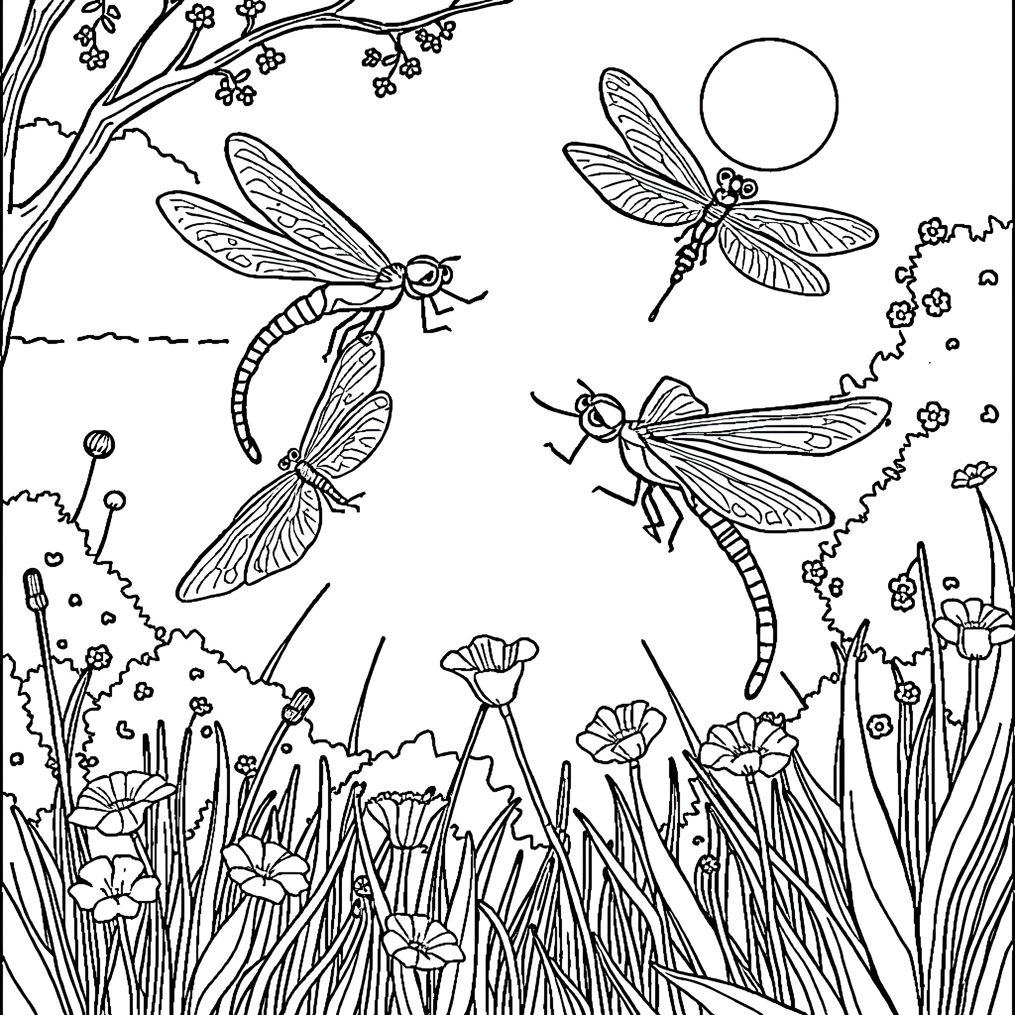 Dragonflies fluttering in a whimsical garden Coloring Page (free black-and-white line drawing printable PDF for all, from beginners to advanced learners, including children, teens, adults, and seniors)