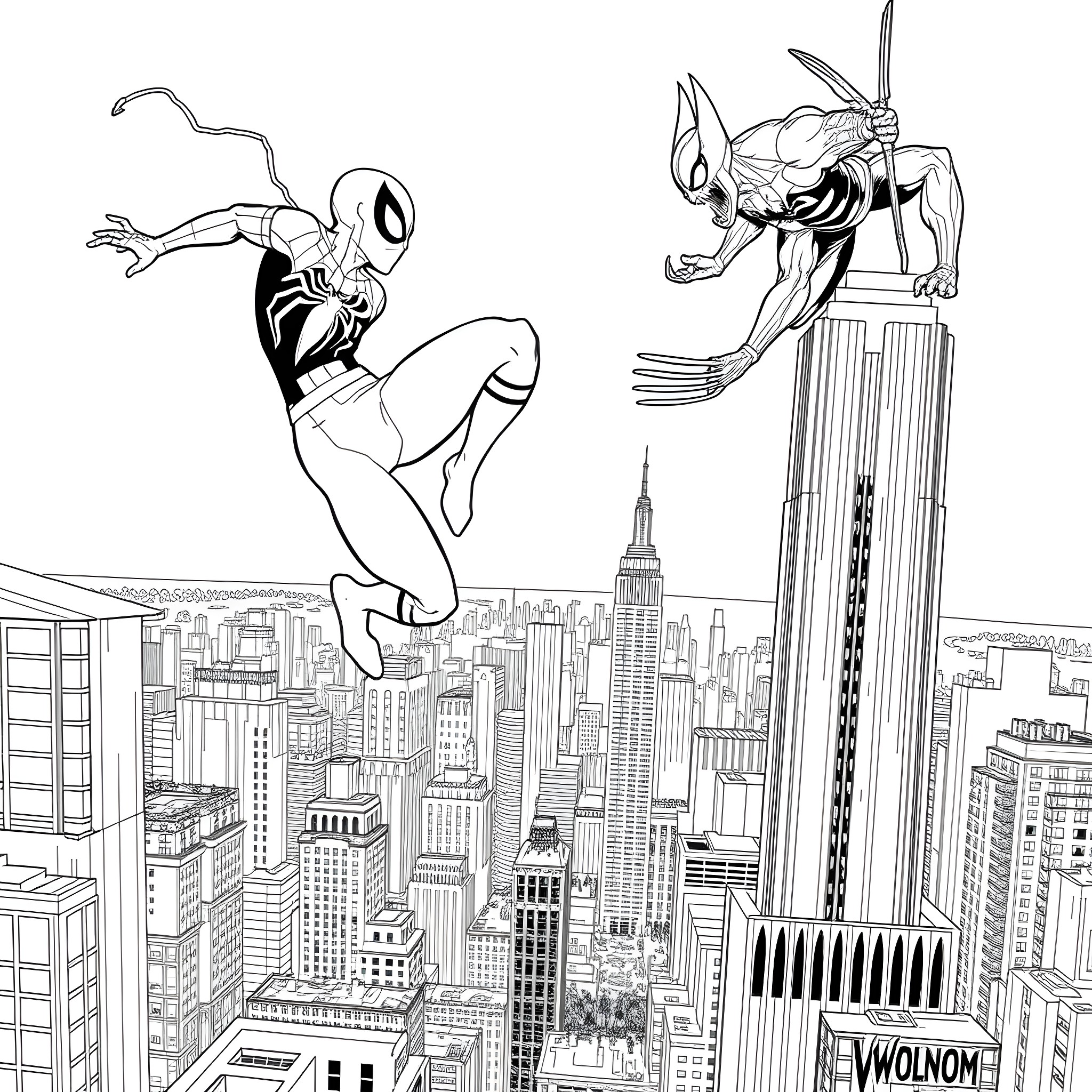 Spider-Man swinging through New York City, confronting a villain Coloring Page (free black-and-white line drawing printable PDF for all, from beginners to advanced learners, including children, teens, adults, and seniors)