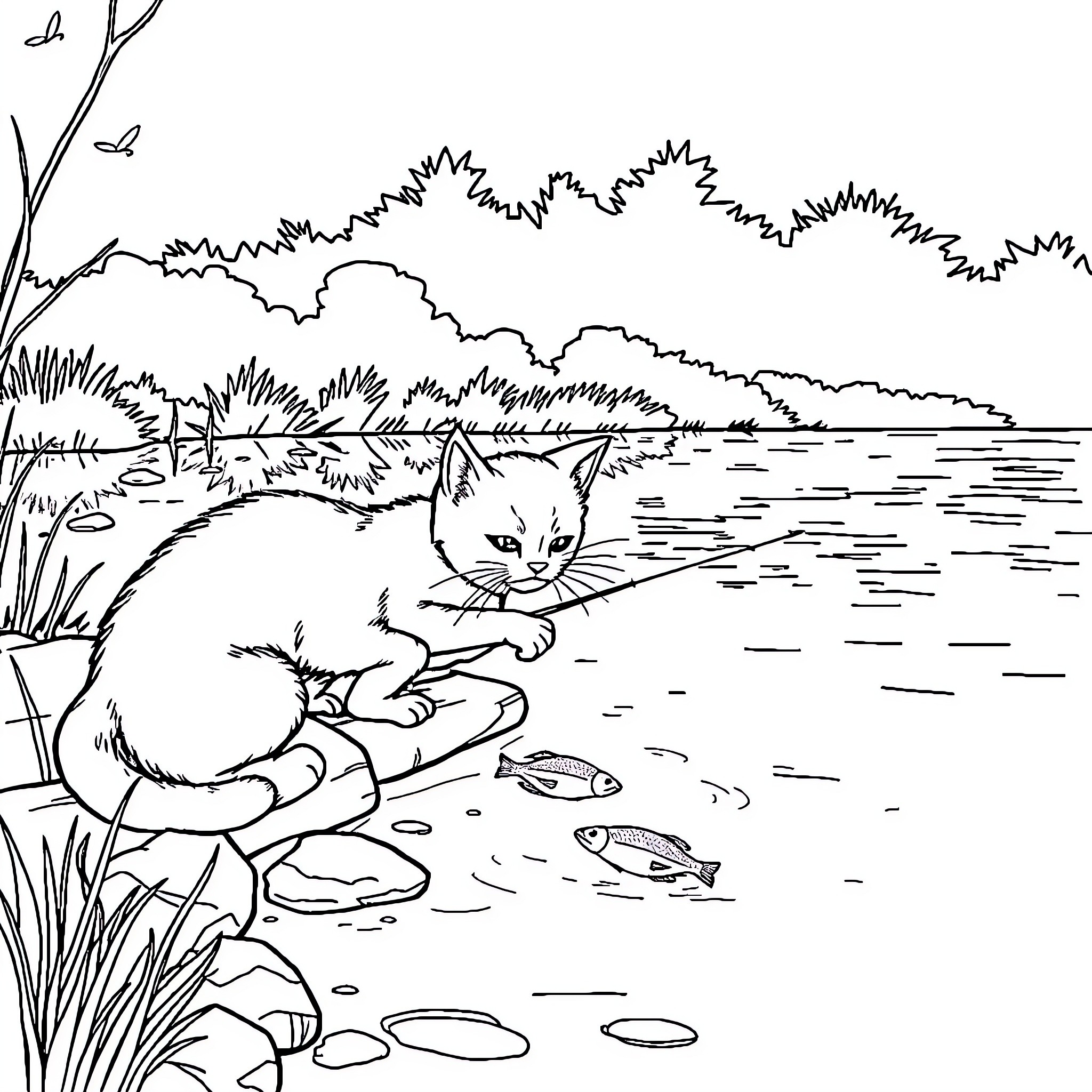 Cat exploring riverbank and catching fish Coloring Page (free black-and-white line drawing printable PDF for all, from beginners to advanced learners, including children, teens, adults, and seniors)
