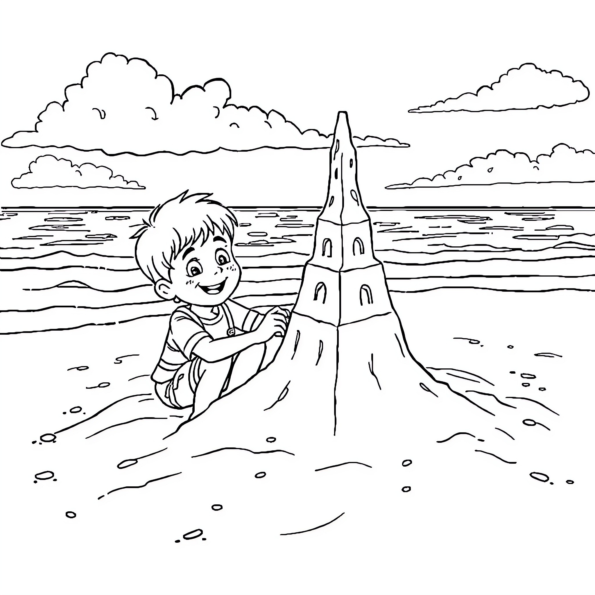 Kid building sand castle on the beach Coloring Page (free black-and-white line drawing printable PDF for all, from beginners to advanced learners, including children, teens, adults, and seniors)