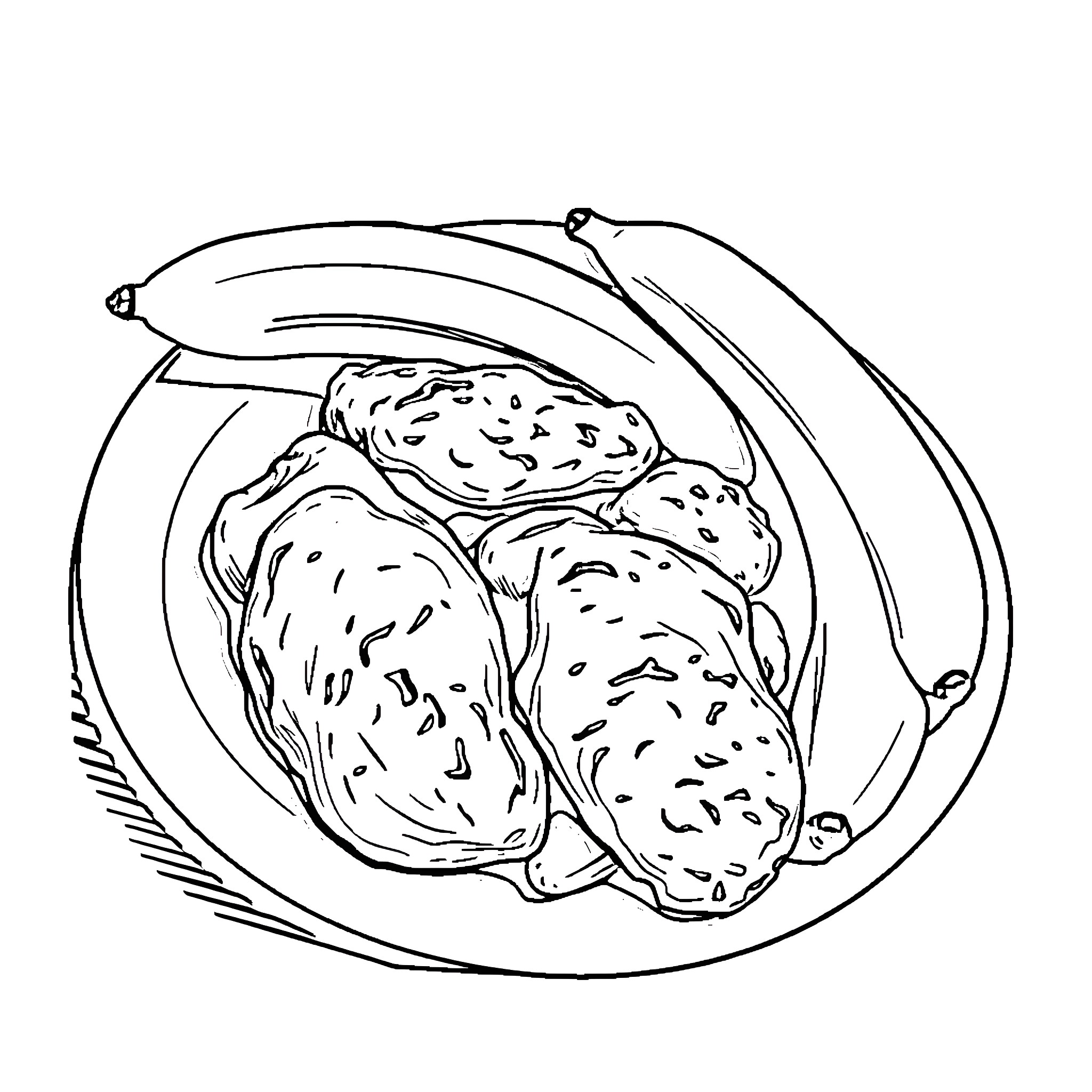 Chicken Drumsticks Cooked on a Plate Coloring Page (free black-and-white line drawing printable PDF for all, from beginners to advanced learners, including children, teens, adults, and seniors)